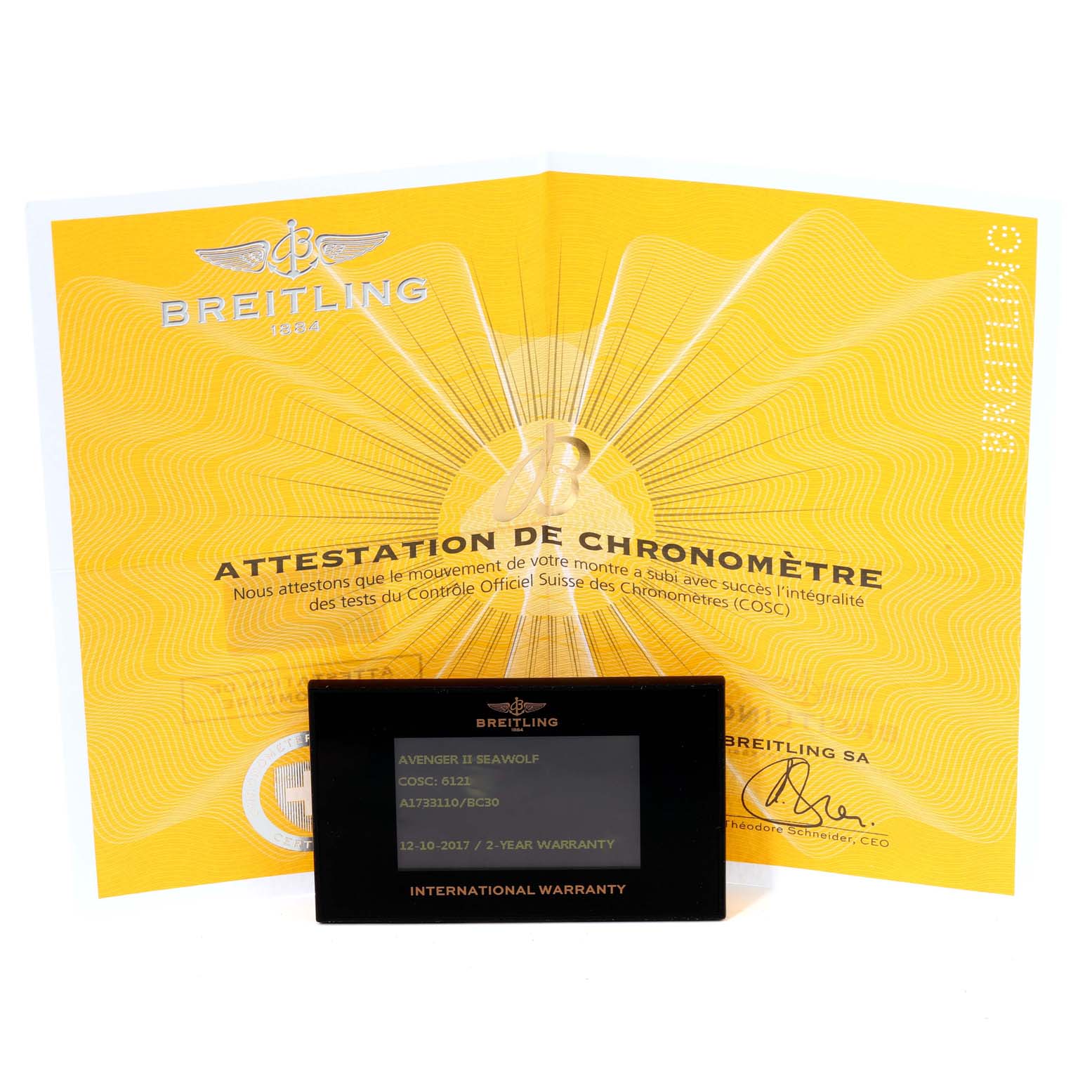 This image shows the certification and international warranty card for the Breitling Avenger A17331 Men's Stainless Steel Black Dial A17331 Men's Stainless Steel Black Dial II Seawolf watch.