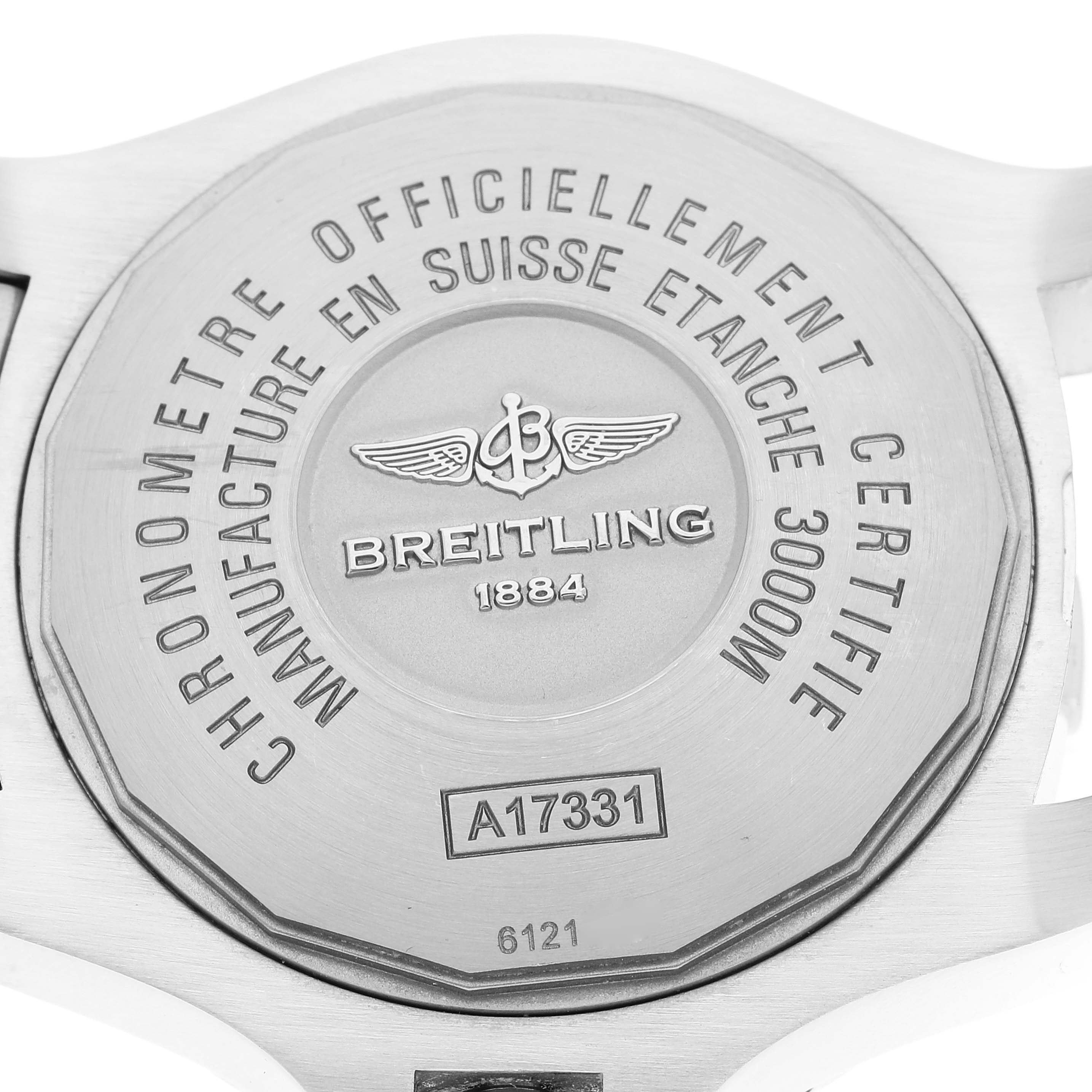 This image shows the back case of a Breitling Avenger A17331 Men's Stainless Steel Black Dial A17331 Men's Stainless Steel Black Dial watch, featuring model details and branding.