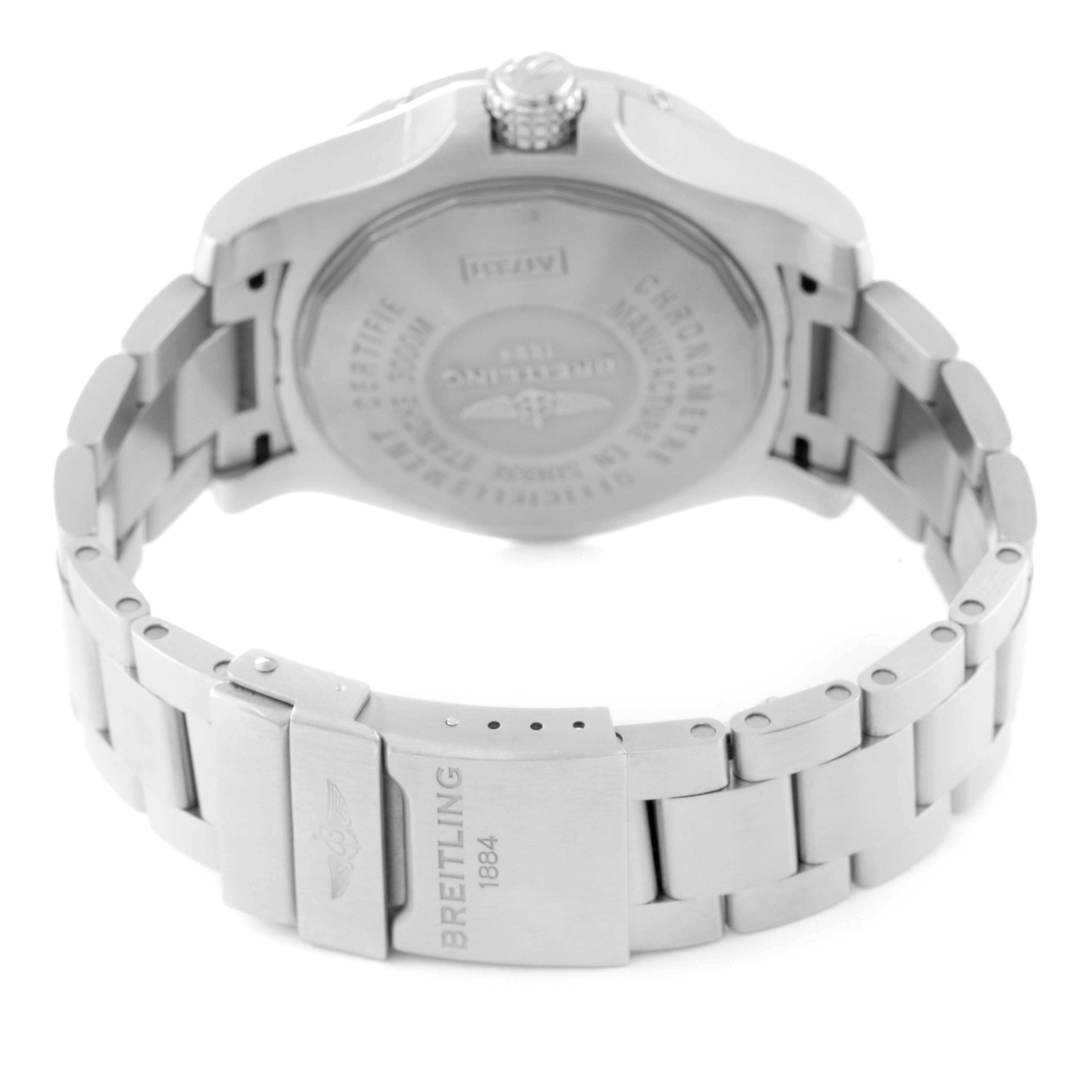 The image shows the back and clasp of the Breitling Avenger A17331 Men's Stainless Steel Black Dial A17331 Men's Stainless Steel Black Dial watch, highlighting the case back and metal bracelet.