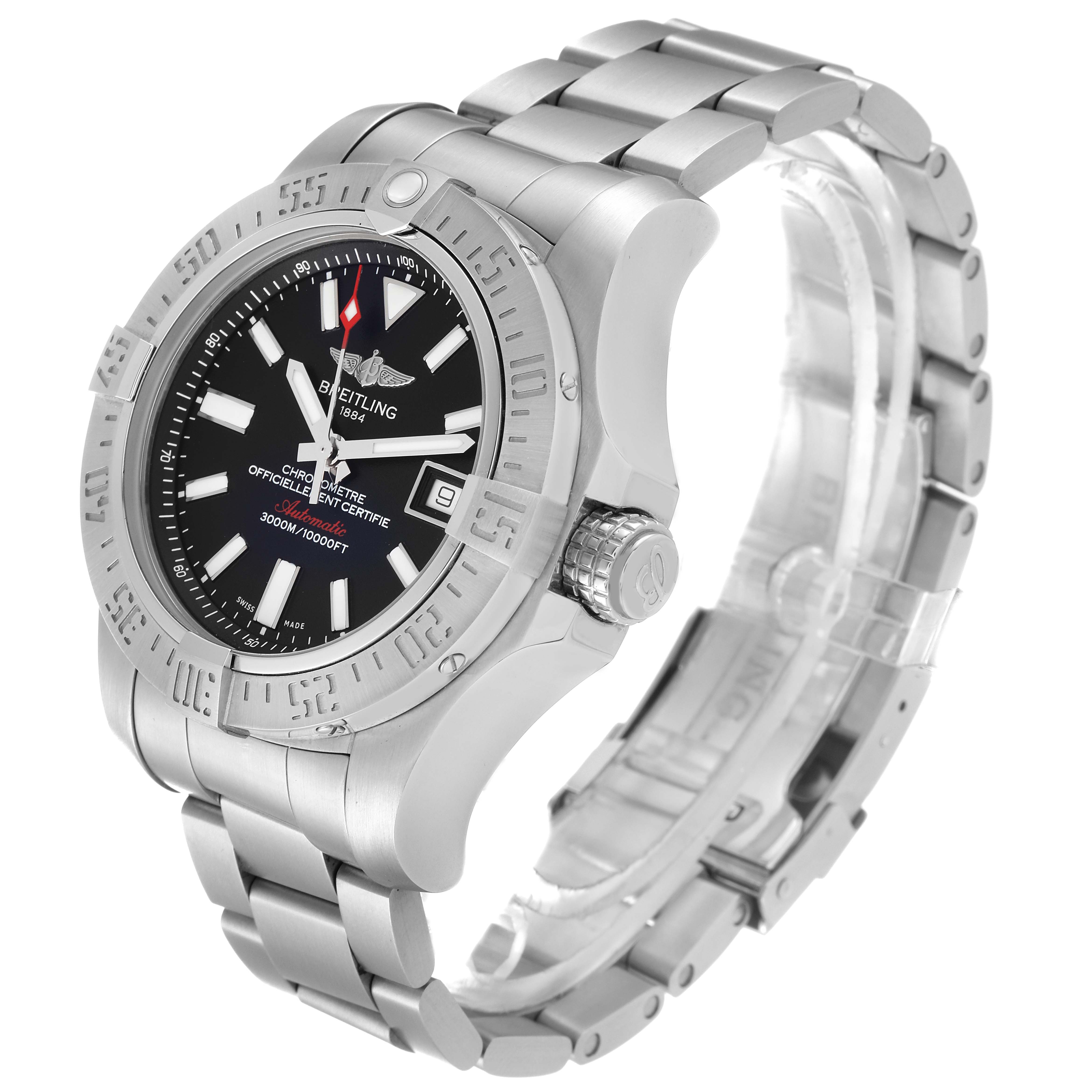 The image shows a side and front angle of a Breitling Avenger A17331 Men's Stainless Steel Black Dial A17331 Men's Stainless Steel Black Dial watch, highlighting the bezel, dial, and bracelet.