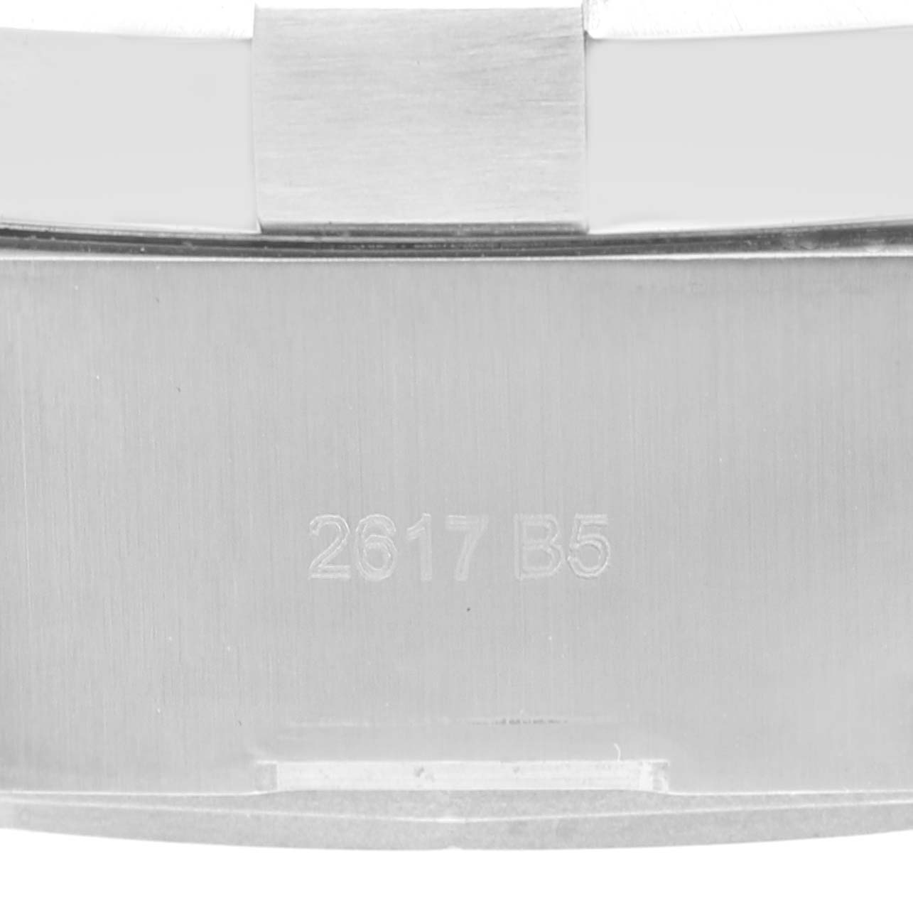 The image shows a close-up angle of the metal bracelet clasp of a Breitling Avenger A17331 Men's Stainless Steel Black Dial A17331 Men's Stainless Steel Black Dial watch, featuring the serial number "2617 B5."