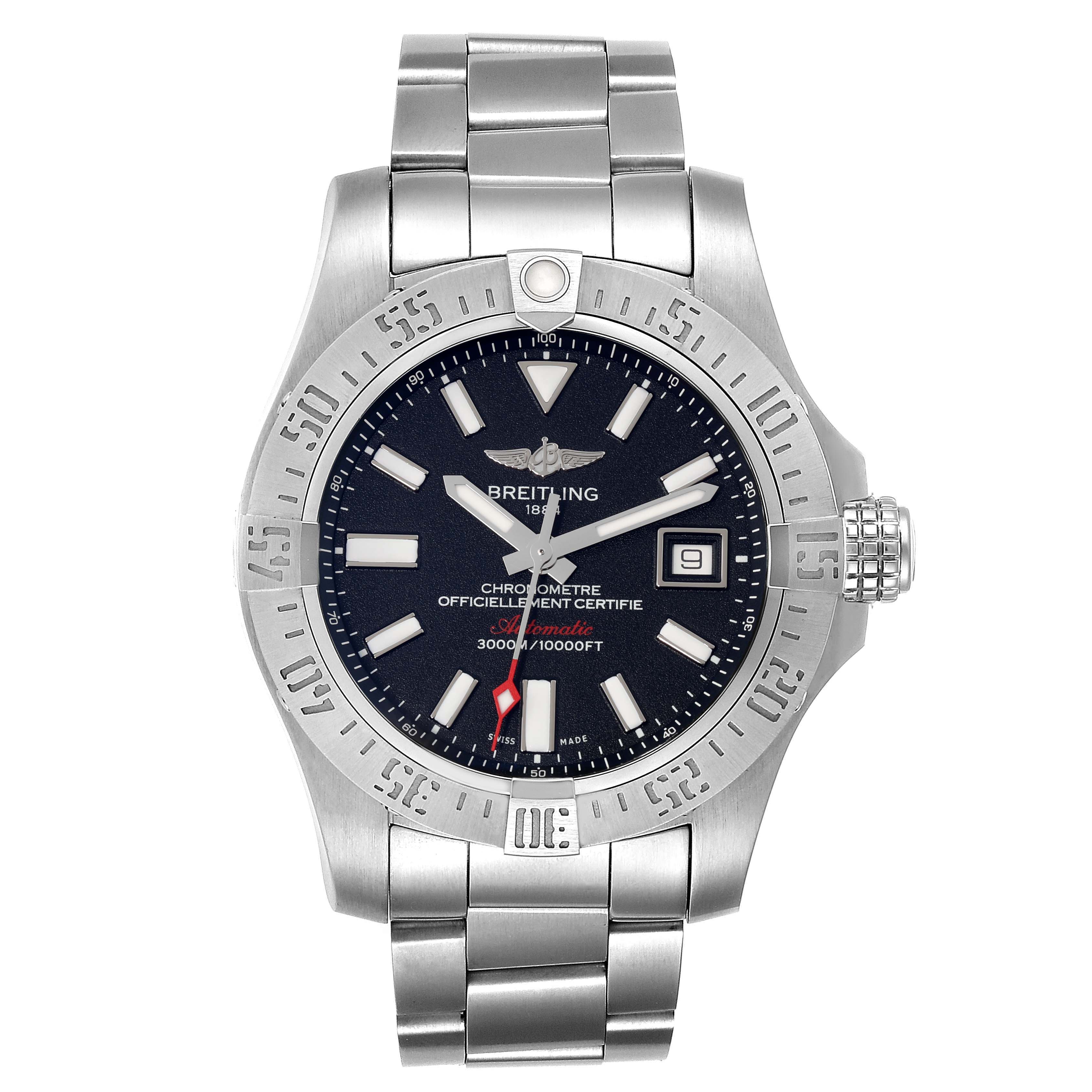The image shows the Breitling Avenger A17331 Men's Stainless Steel Black Dial A17331 Men's Stainless Steel Black Dial watch from a front angle, displaying its face, bezel, dial, and bracelet.