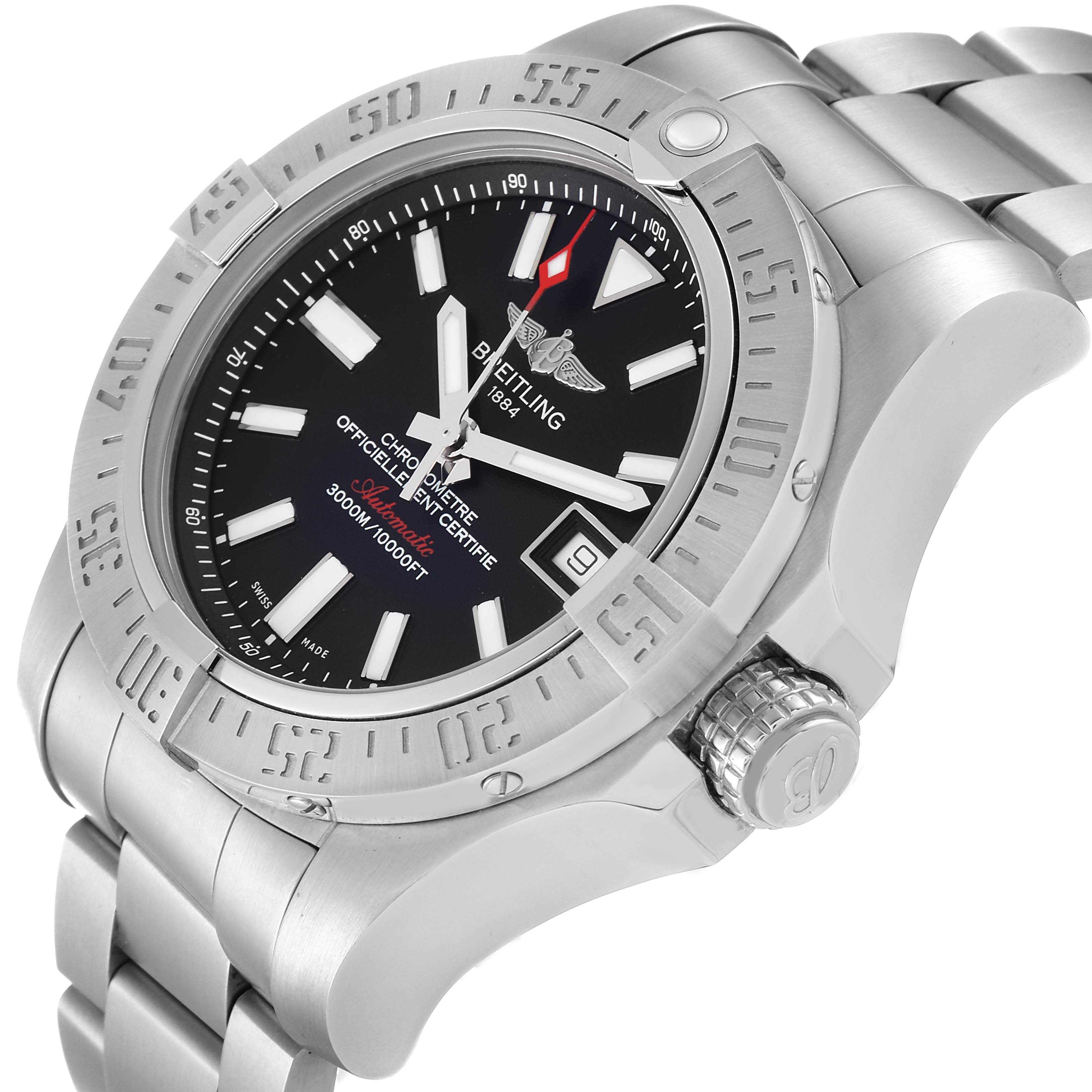 The Breitling Avenger A17331 Men's Stainless Steel Black Dial A17331 Men's Stainless Steel Black Dial watch is shown at a three-quarter angle, highlighting its bezel, dial, crown, and part of the bracelet.