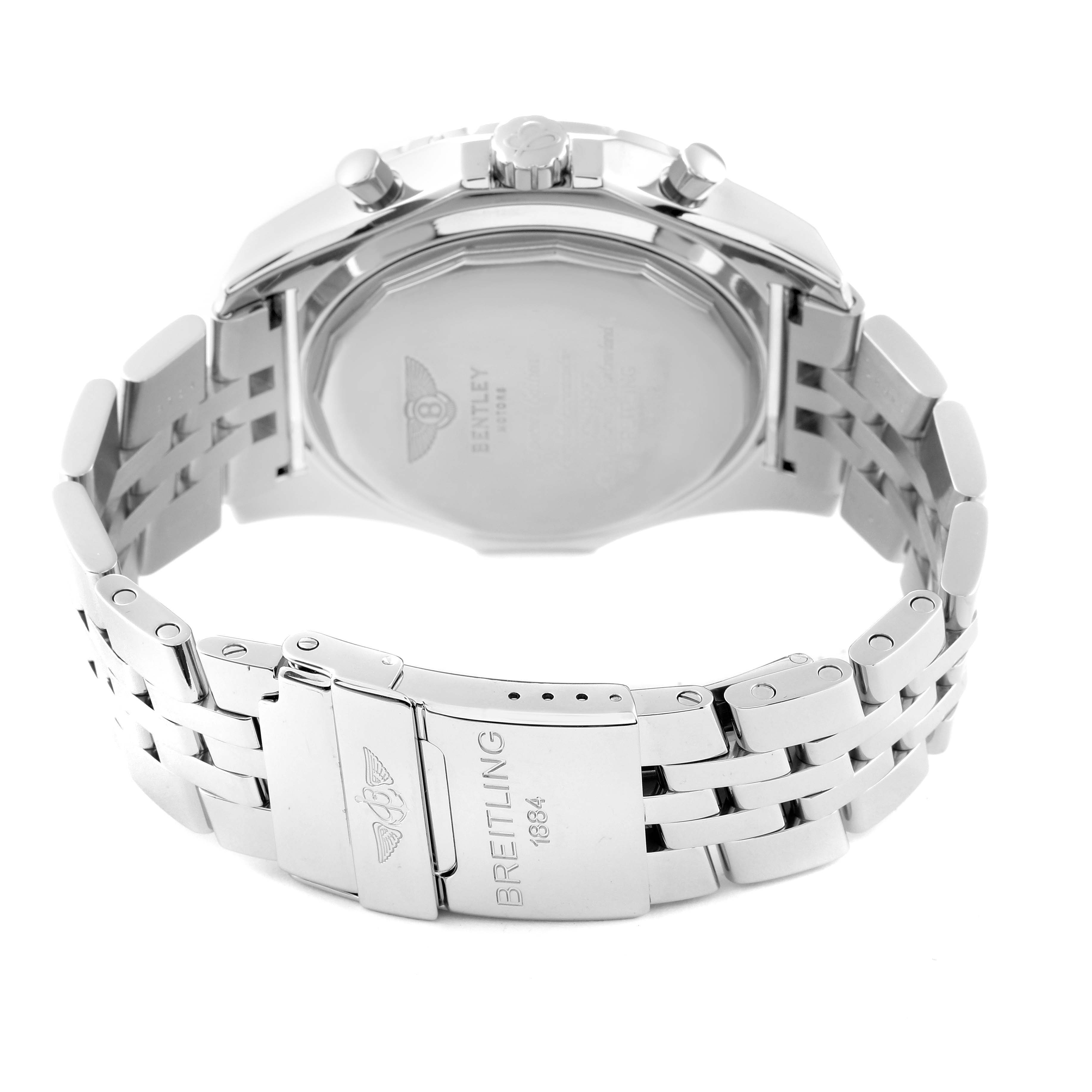 The image shows the back view of a Bentley model Breitling watch, highlighting the clasp and part of the bracelet.