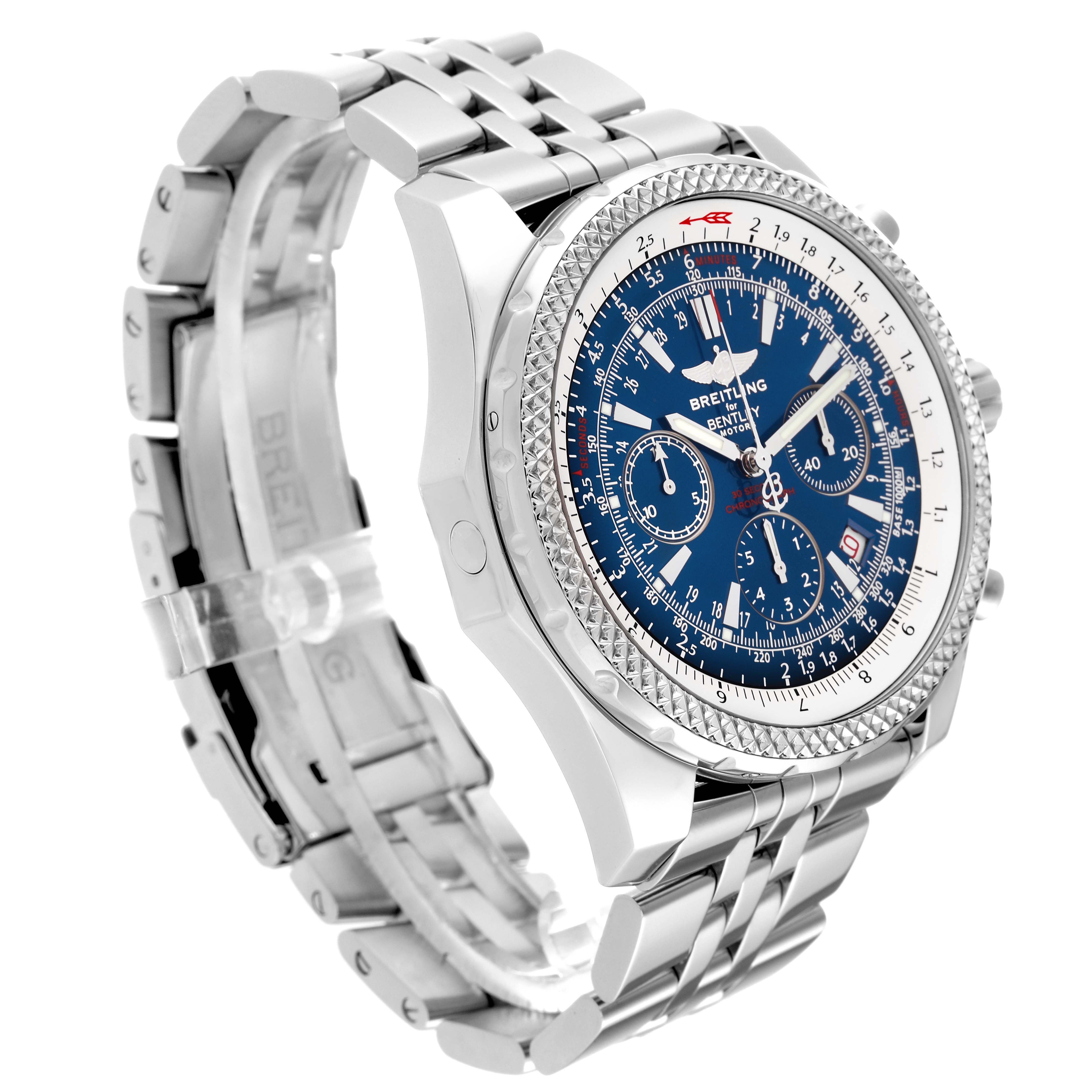 This image showcases a side view of the Bentley model by Breitling, highlighting its blue dial, bezel, and stainless steel bracelet.