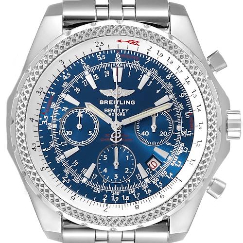 The image shows a front view of the Breitling Bentley watch, displaying its blue dial, chronographs, and stainless steel bracelet.