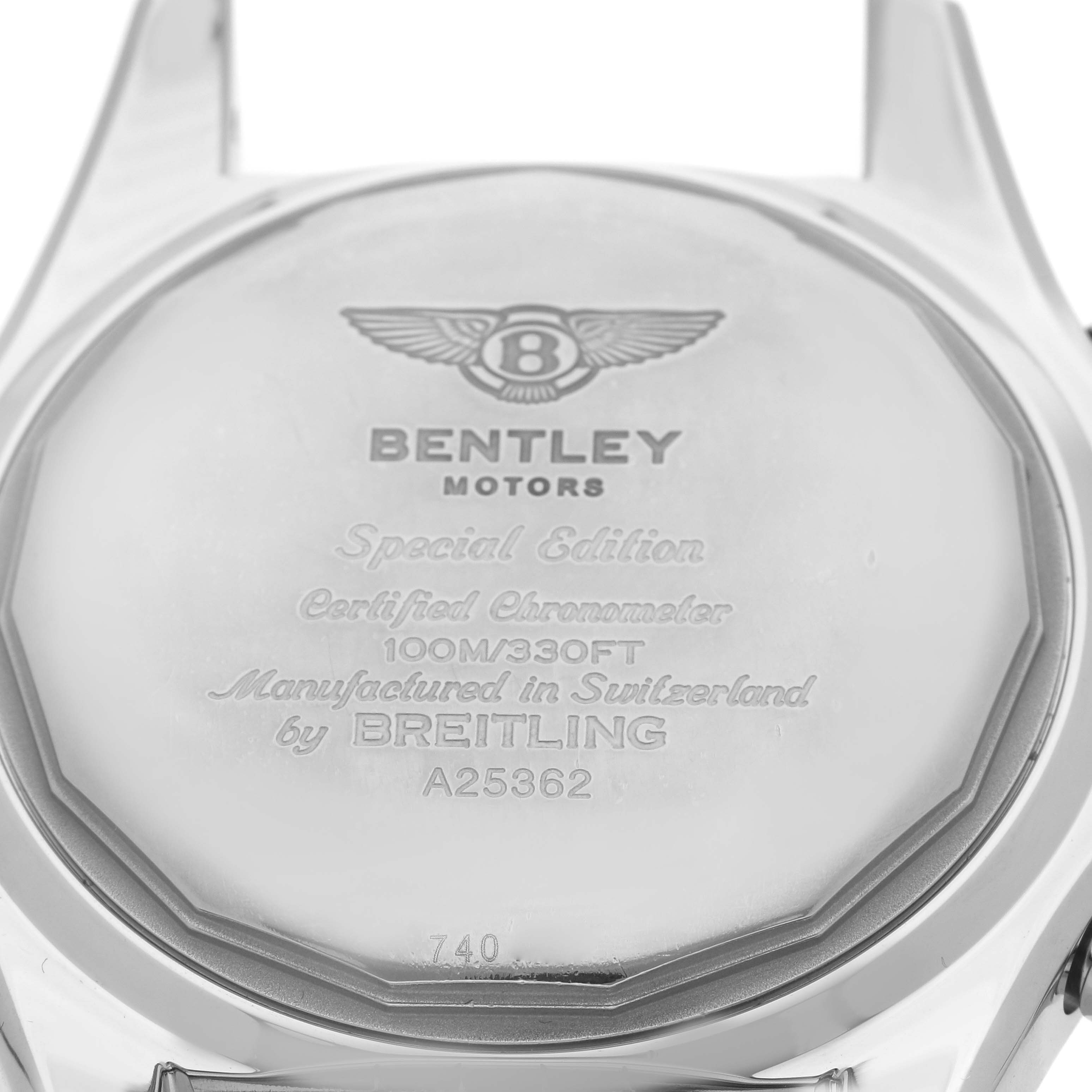 The image shows the back case of the Bentley model watch by Breitling, viewed from a straight angle.