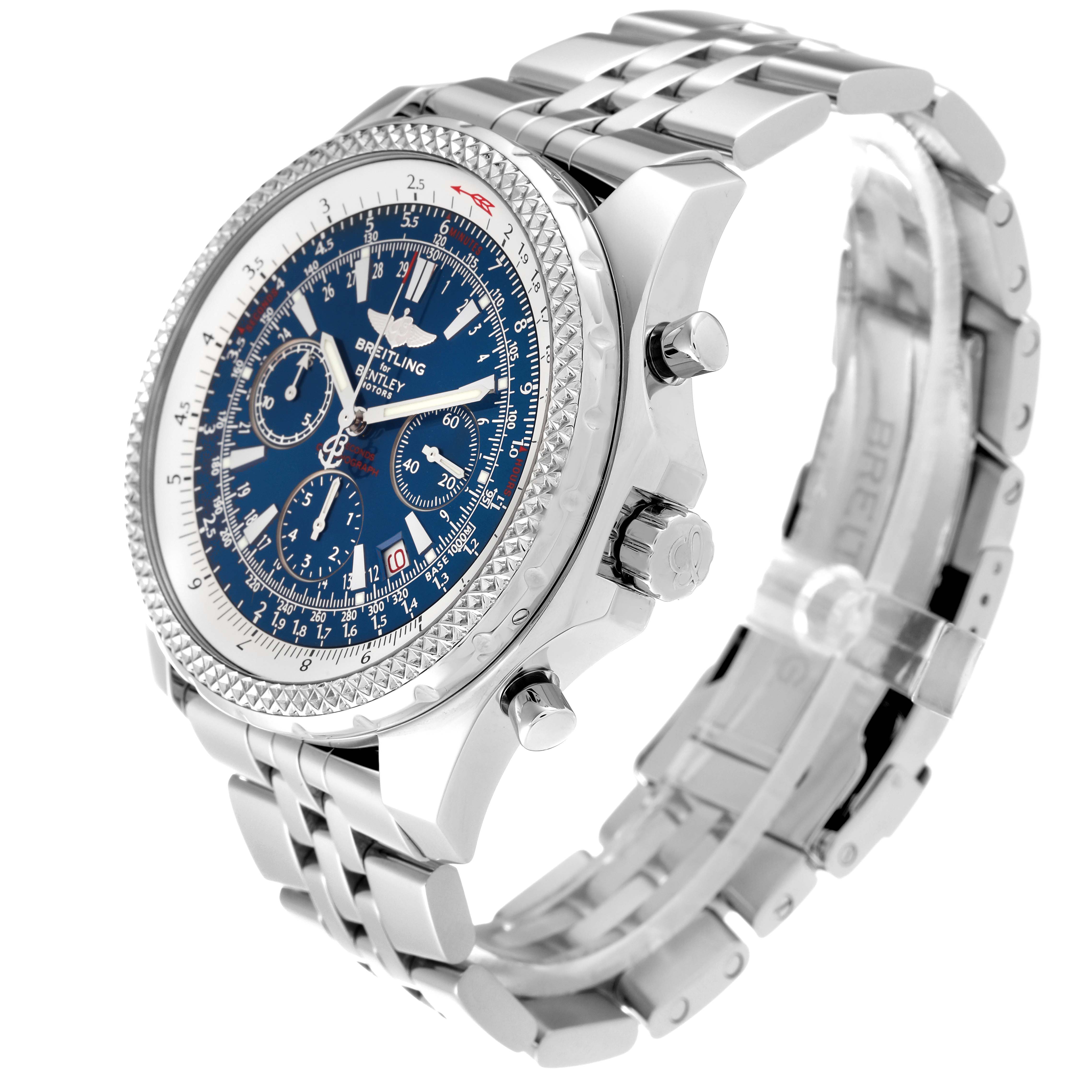 The Bentley model by Breitling is shown at a three-quarter angle, highlighting the blue dial, bezel, and stainless steel bracelet.