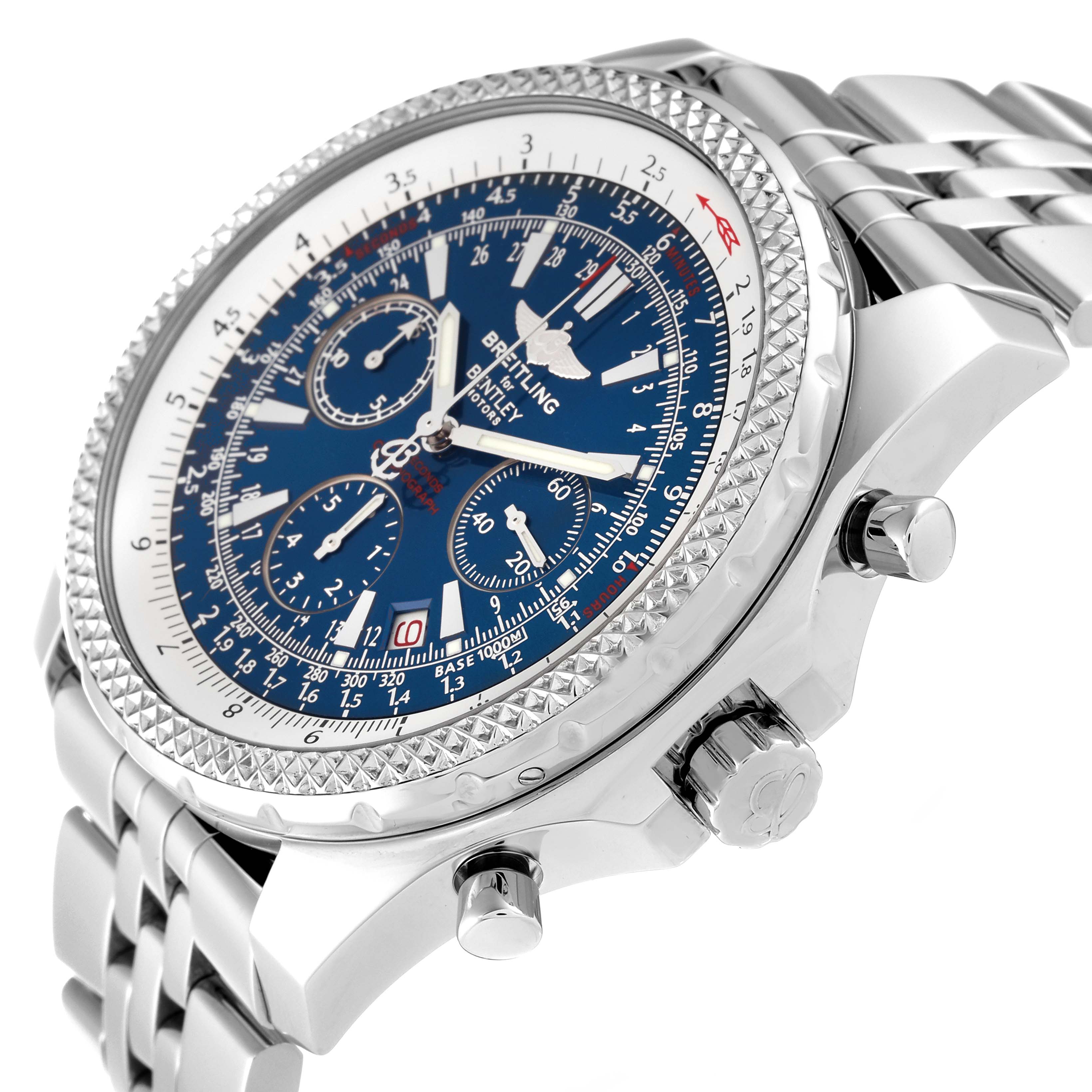 This image shows a side view of a Bentley model Breitling watch, highlighting its dial, bezel, and bracelet.