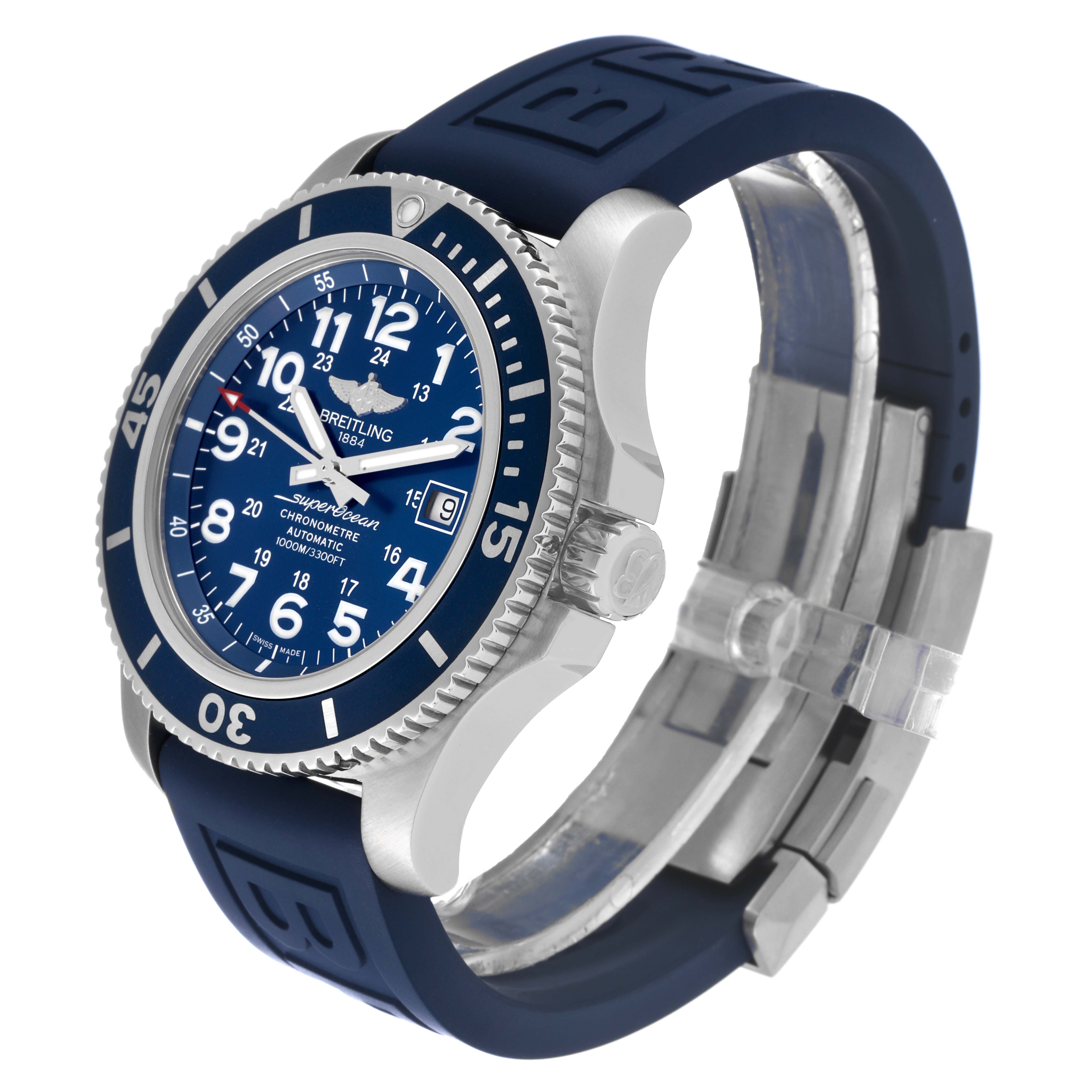 The image shows a Breitling Superocean A17392D8/C910 Men's Stainless Steel Blue Dial A17392D8/C910 Men's Stainless Steel Blue Dial watch at a slight angle, displaying its blue dial, bezel, crown, and rubber strap.