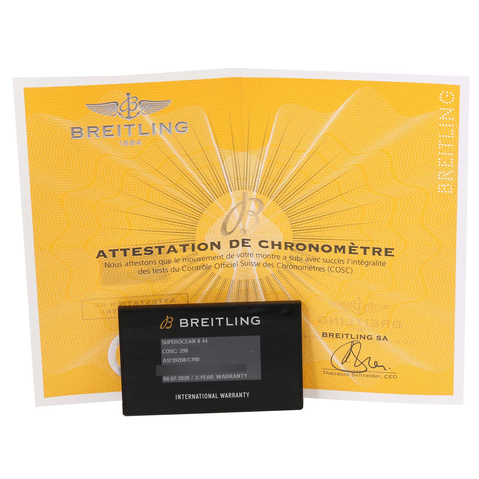 The image shows the warranty card and chronometer certificate for the Breitling Superocean A17392D8/C910 Men's Stainless Steel Blue Dial A17392D8/C910 Men's Stainless Steel Blue Dial model.