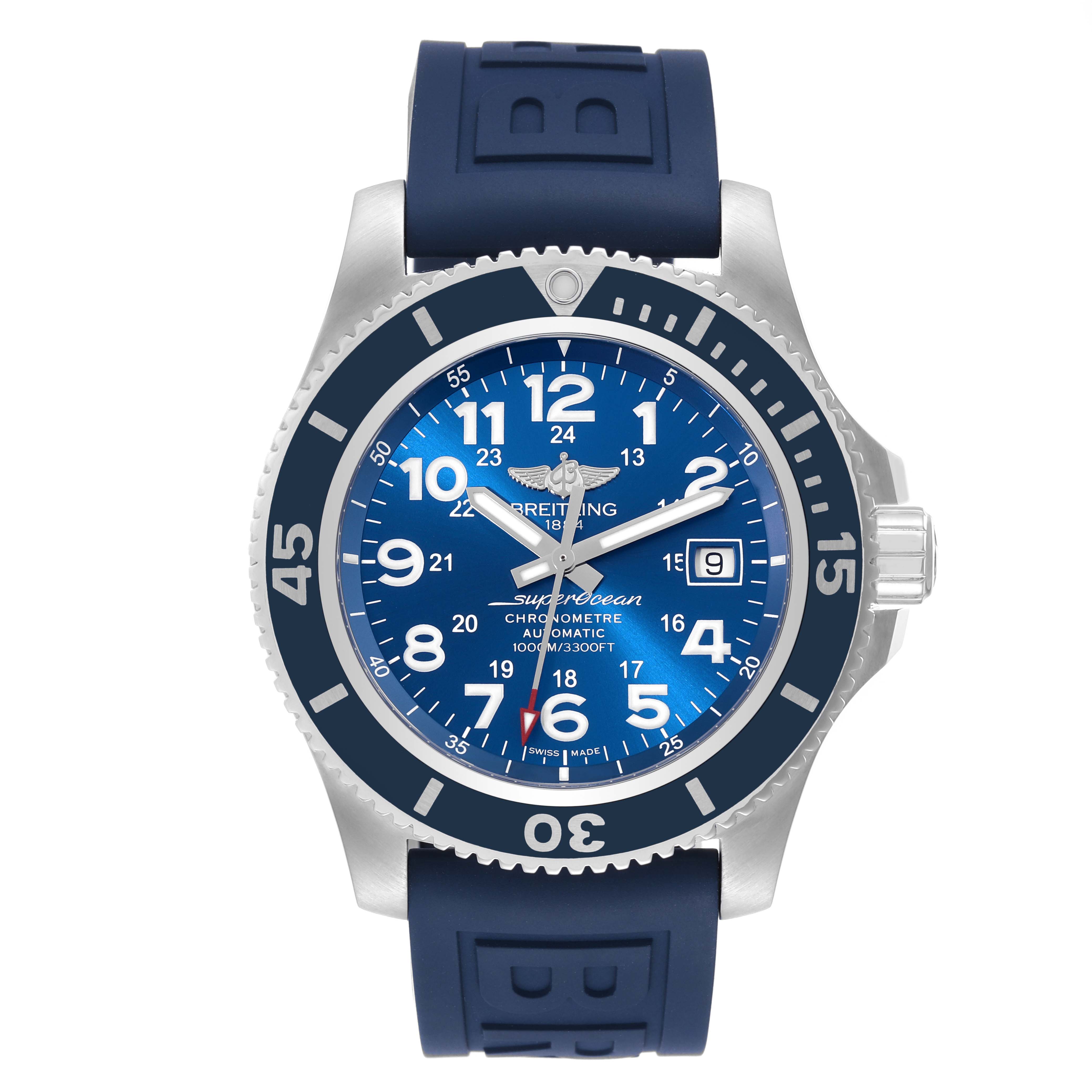 The image displays a front view of the Breitling Superocean A17392D8/C910 Men's Stainless Steel Blue Dial A17392D8/C910 Men's Stainless Steel Blue Dial watch with a blue dial, blue bezel, and blue rubber strap.