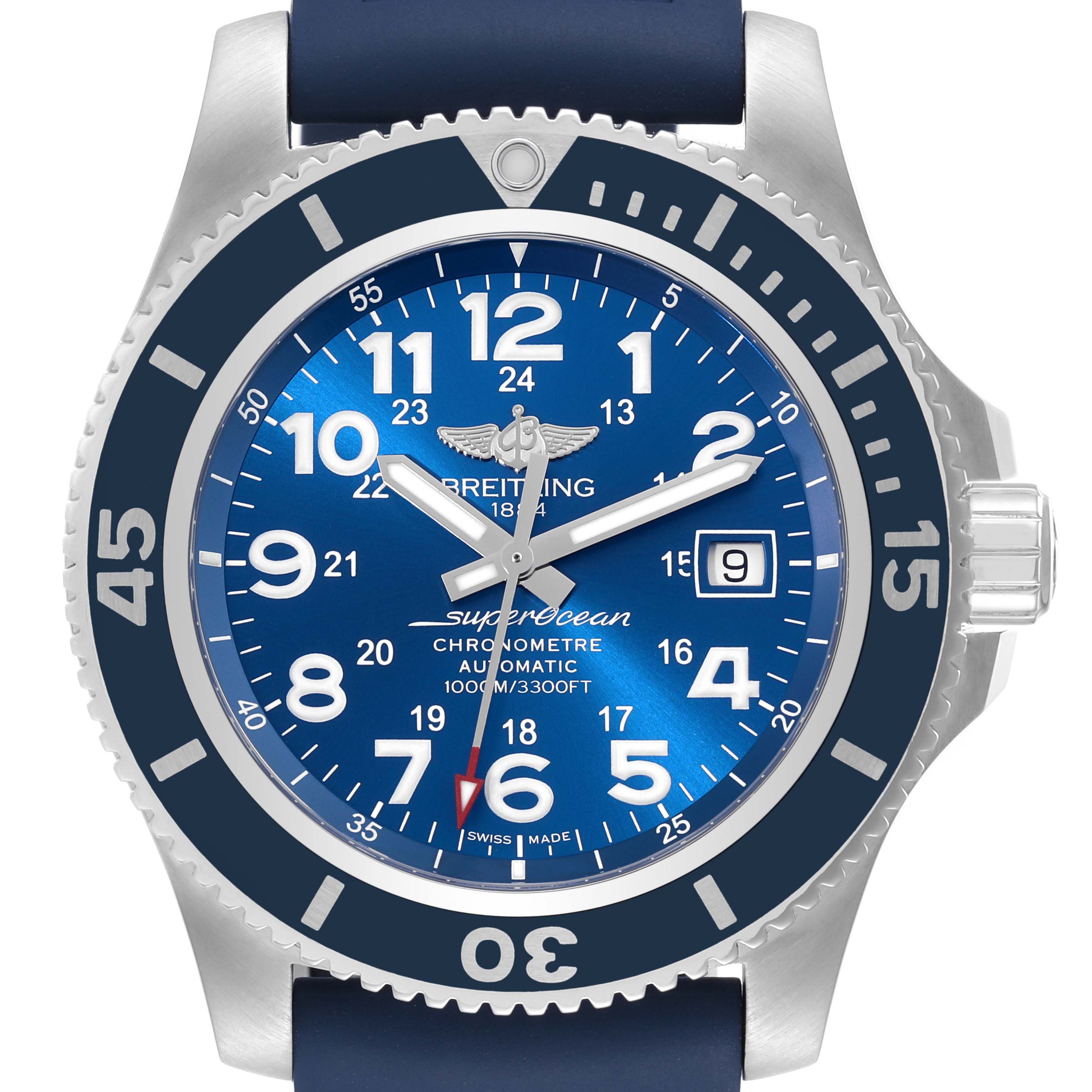 This image shows a front view of a Breitling Superocean A17392D8/C910 Men's Stainless Steel Blue Dial A17392D8/C910 Men's Stainless Steel Blue Dial watch, highlighting the blue dial, bezel, and strap.