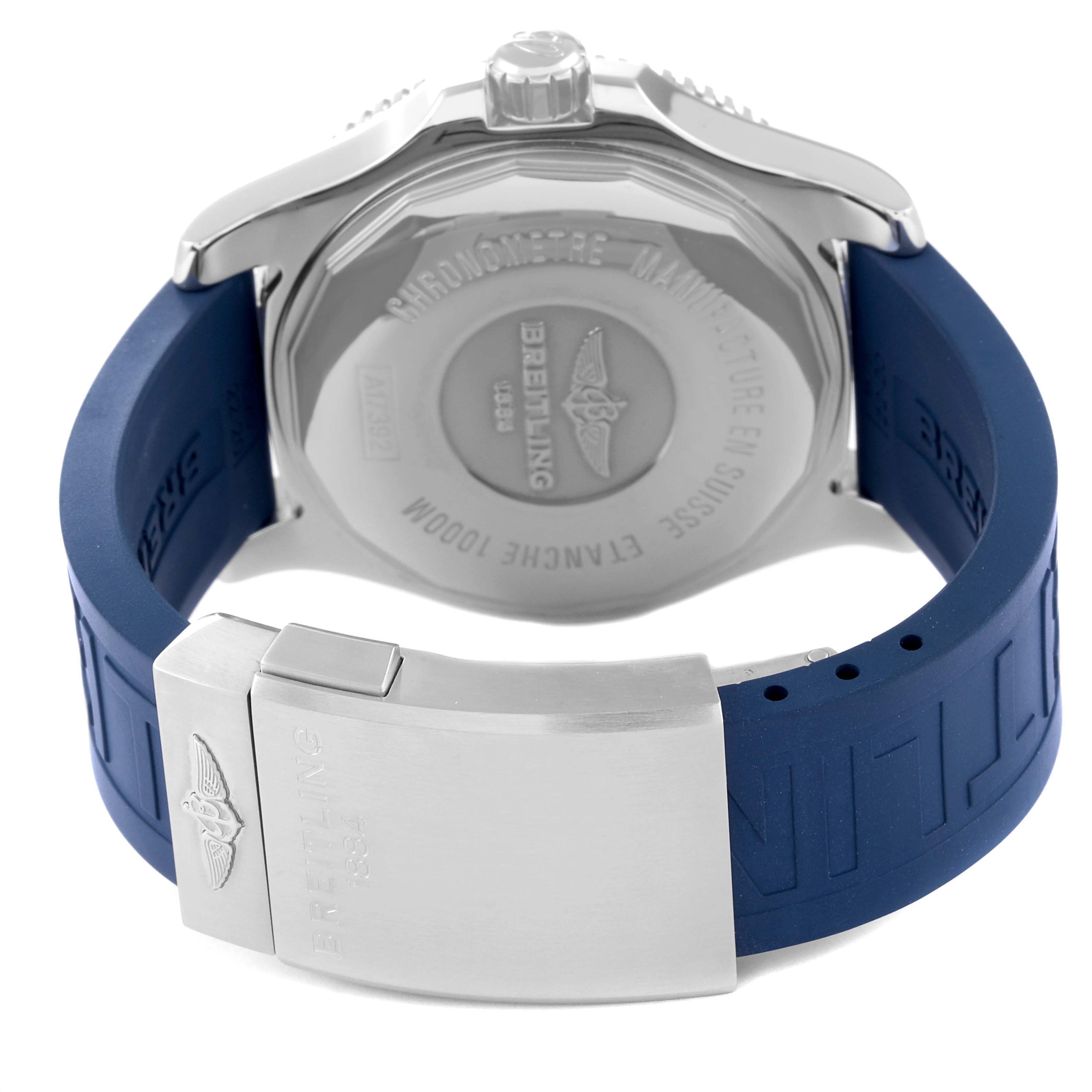The image shows the back case and blue strap of a Breitling Superocean A17392D8/C910 Men's Stainless Steel Blue Dial A17392D8/C910 Men's Stainless Steel Blue Dial watch, including the clasp and branding details.