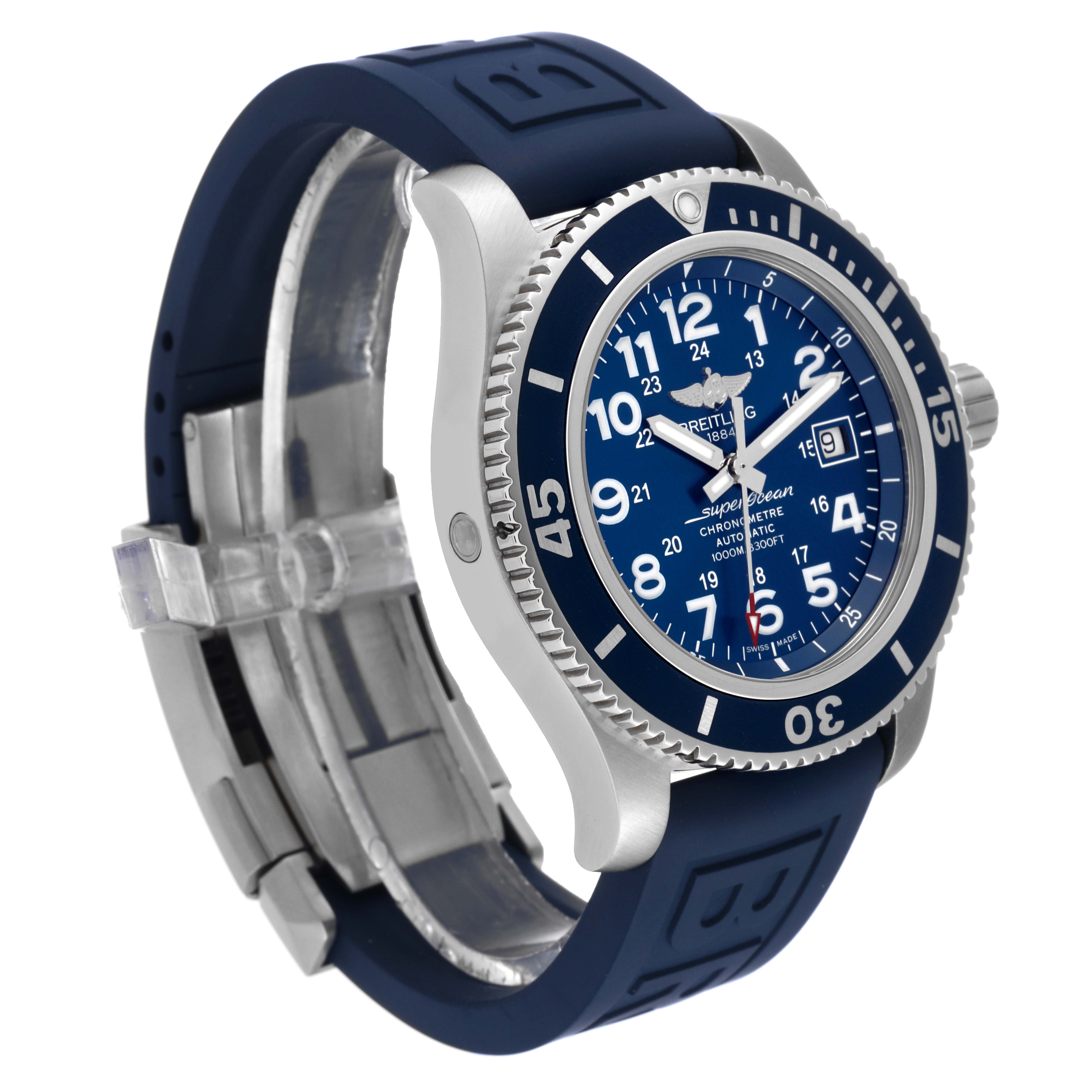 The image shows a side angle of a Breitling Superocean A17392D8/C910 Men's Stainless Steel Blue Dial A17392D8/C910 Men's Stainless Steel Blue Dial watch, highlighting the bezel, dial, and blue rubber strap.