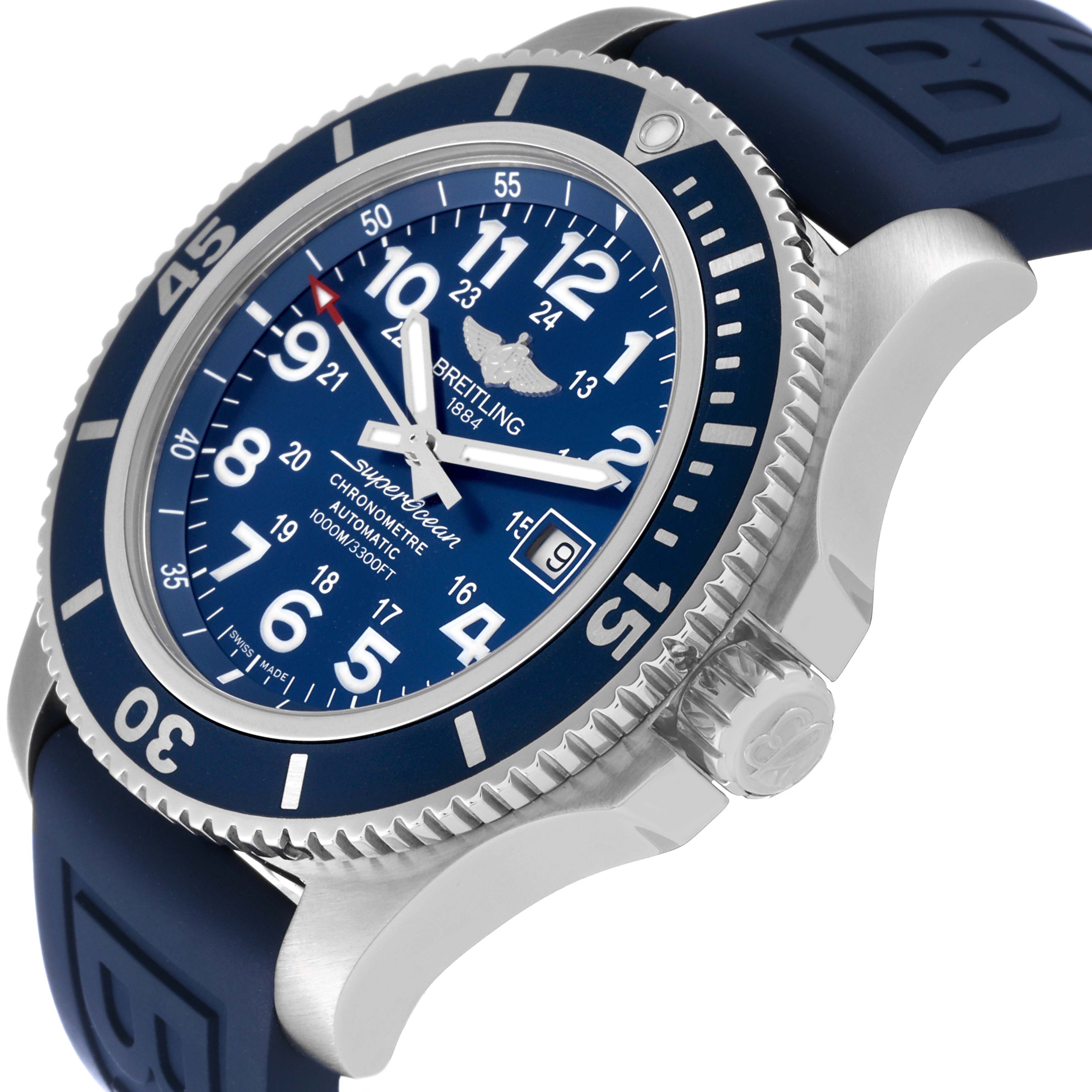 The Breitling Superocean A17392D8/C910 Men's Stainless Steel Blue Dial A17392D8/C910 Men's Stainless Steel Blue Dial watch is shown at an angled view, highlighting the dial, bezel, crown, and part of the strap.