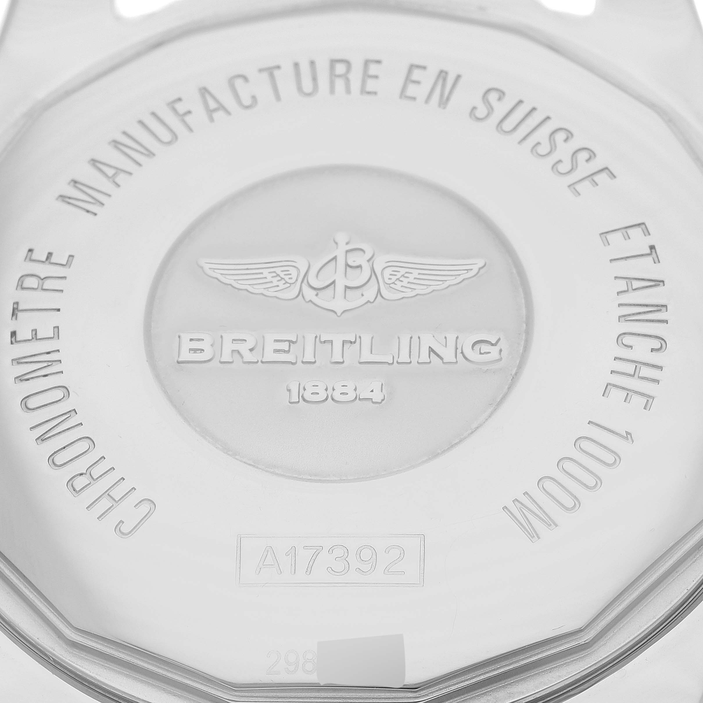 This image shows the case back of a Breitling Superocean A17392D8/C910 Men's Stainless Steel Blue Dial A17392D8/C910 Men's Stainless Steel Blue Dial watch, displaying engraved text and the model number A17392.