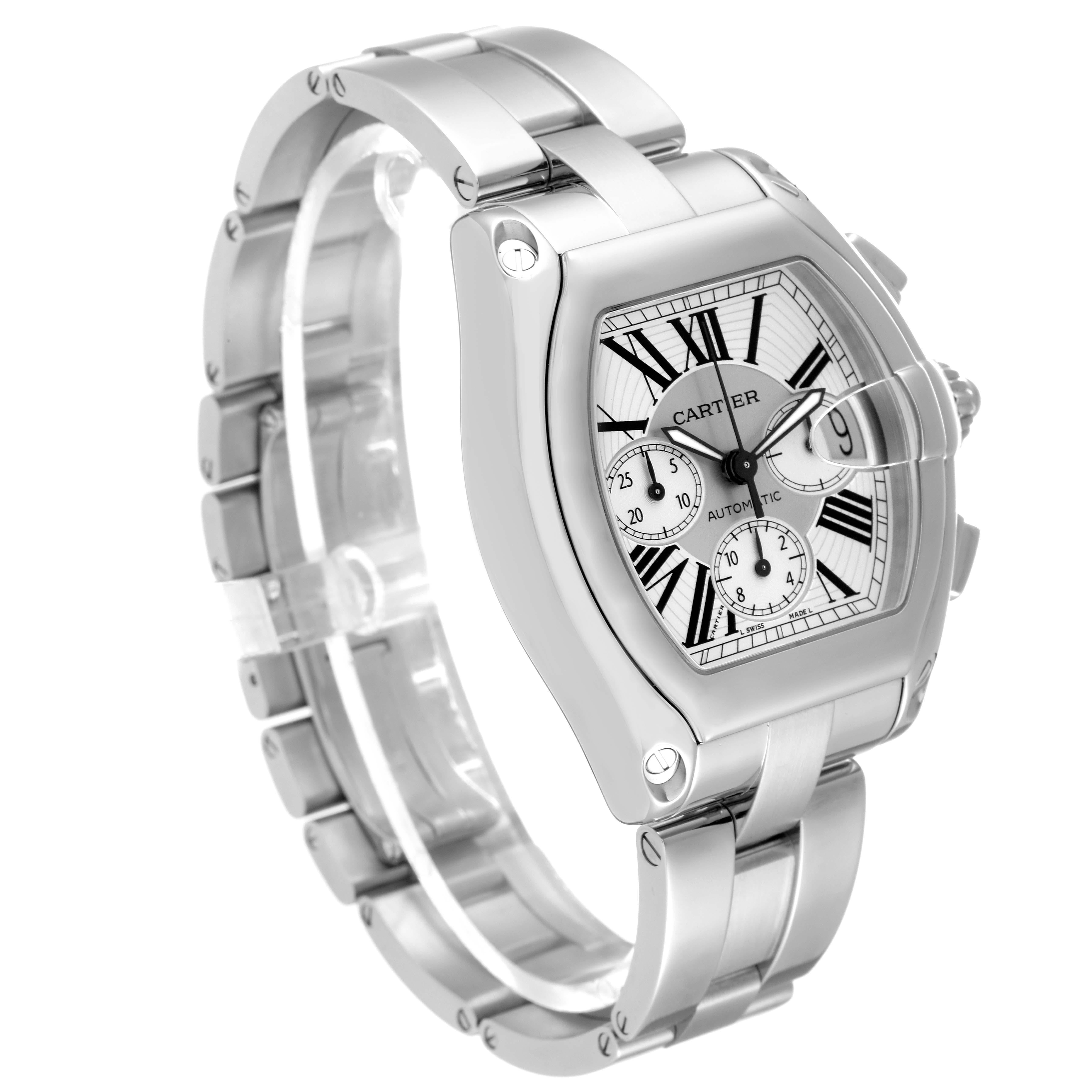 The image shows a Cartier Roadster W62019X6 Men's Stainless Steel Silver Dial W62019X6 Men's Stainless Steel Silver Dial watch at an angled side view, highlighting the dial, bezel, and part of the bracelet.