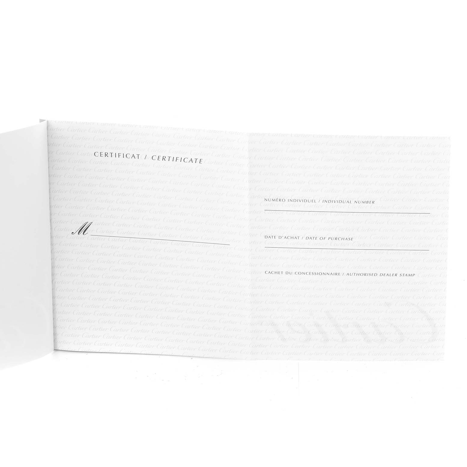 This image shows an open certificate booklet for the Cartier Roadster W62019X6 Men's Stainless Steel Silver Dial W62019X6 Men's Stainless Steel Silver Dial model watch, including spaces for the individual number, purchase date, and dealer stamp.