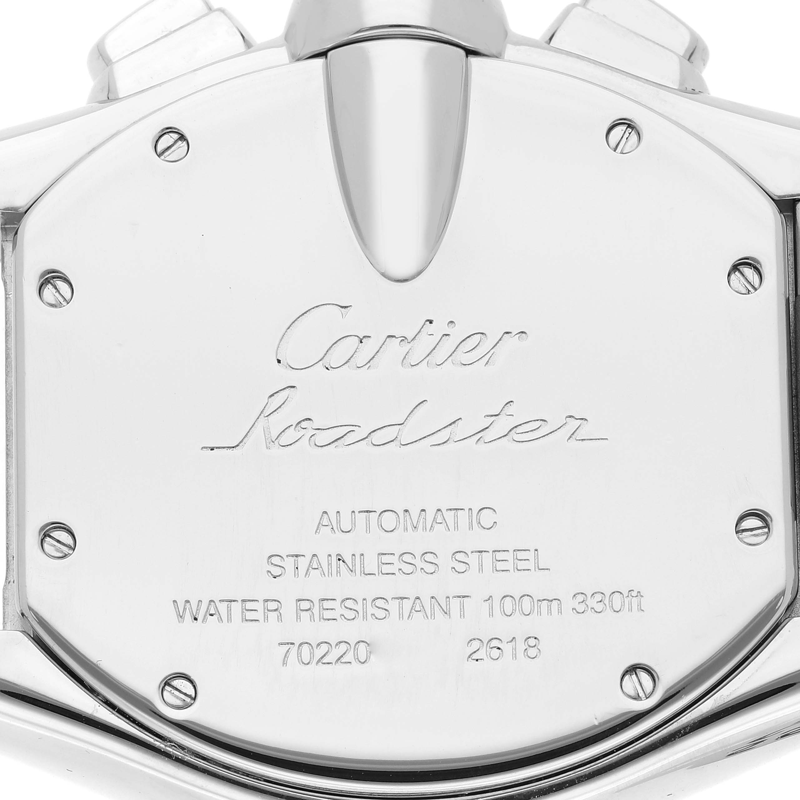 This image shows the back case of the Cartier Roadster W62019X6 Men's Stainless Steel Silver Dial W62019X6 Men's Stainless Steel Silver Dial watch, displaying its engravings and details.