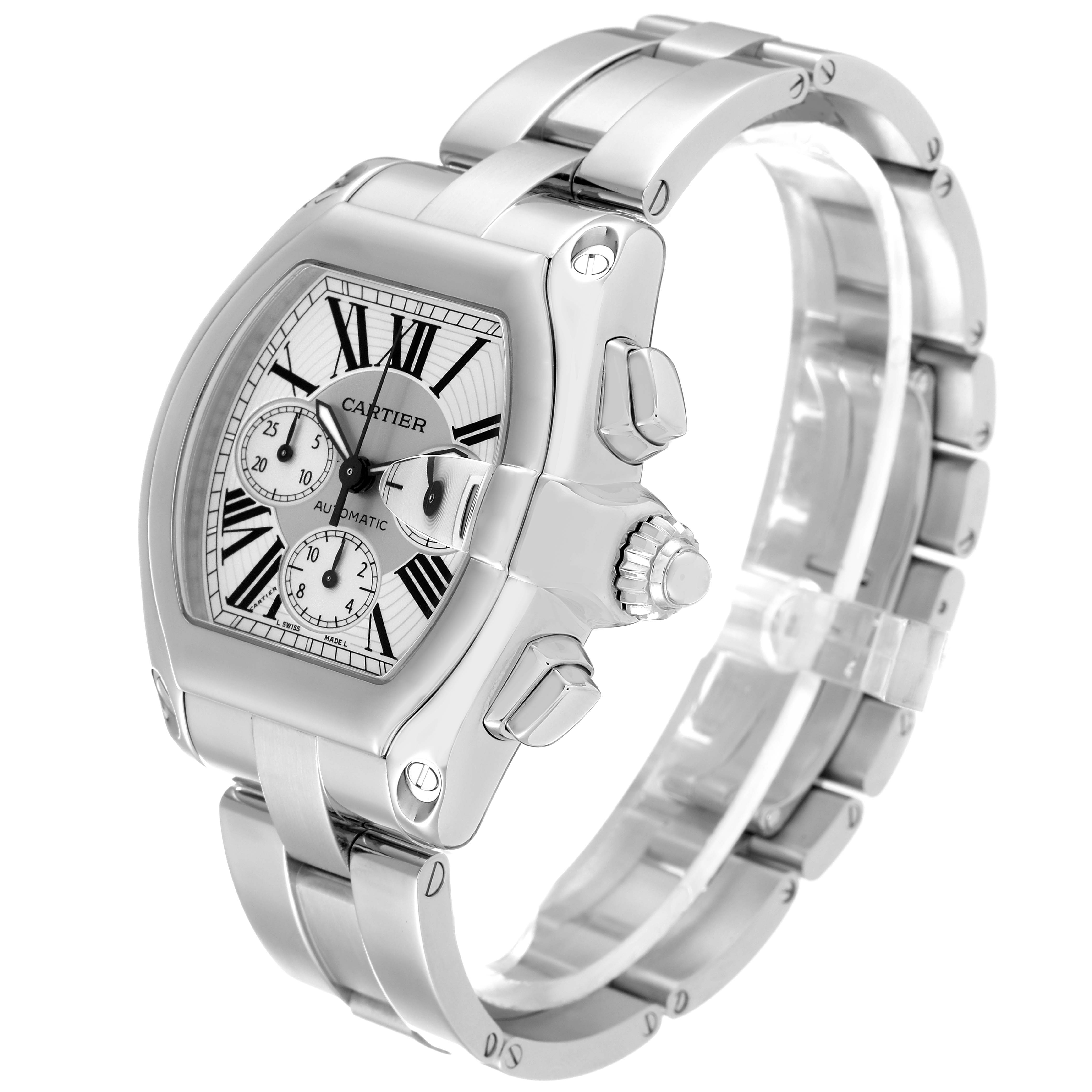 This image shows a Cartier Roadster W62019X6 Men's Stainless Steel Silver Dial W62019X6 Men's Stainless Steel Silver Dial watch at a three-quarter angle, highlighting its face, crown, and stainless steel bracelet.