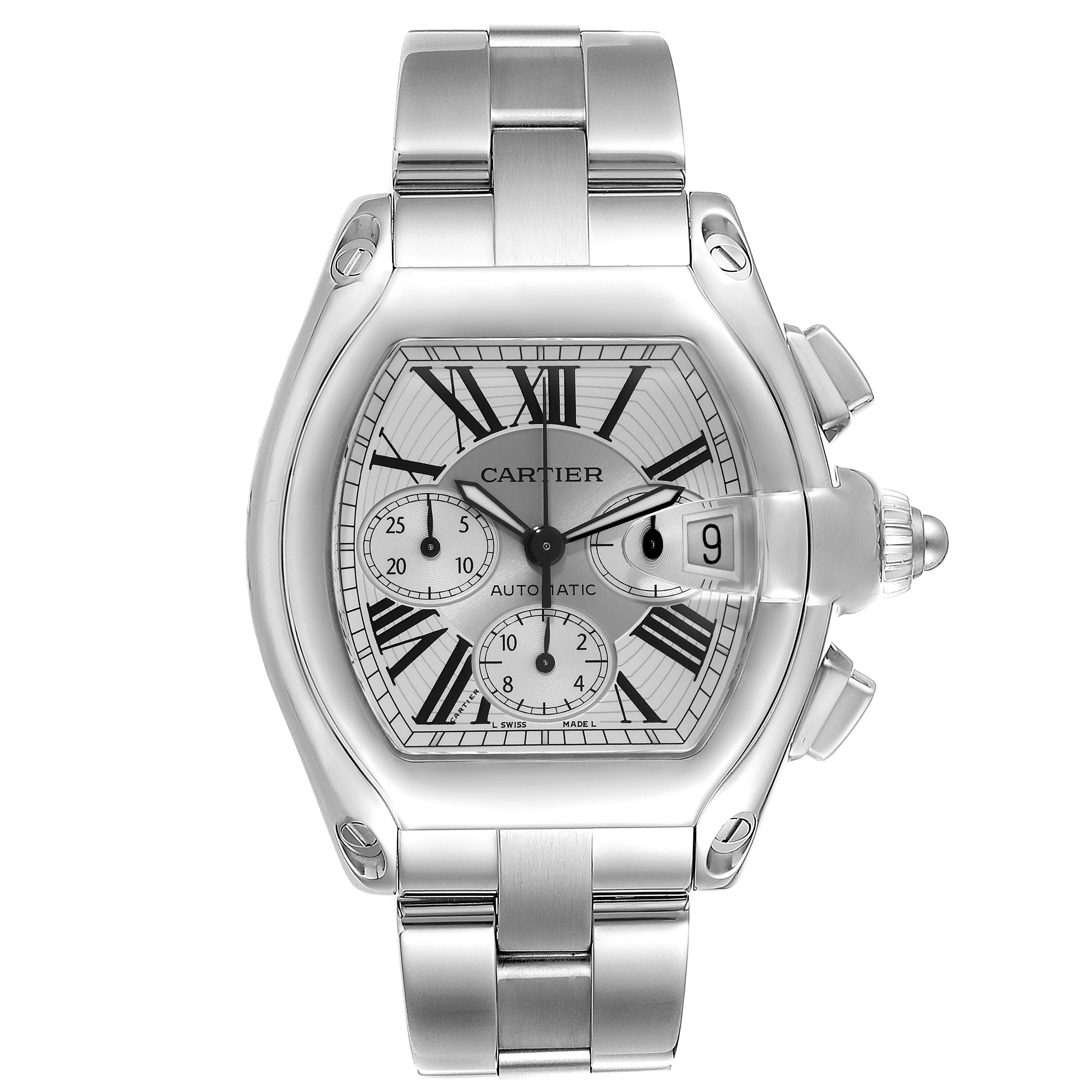 This image shows a front view of the Cartier Roadster W62019X6 Men's Stainless Steel Silver Dial W62019X6 Men's Stainless Steel Silver Dial watch, displaying its dial, bezel, crown, and bracelet.