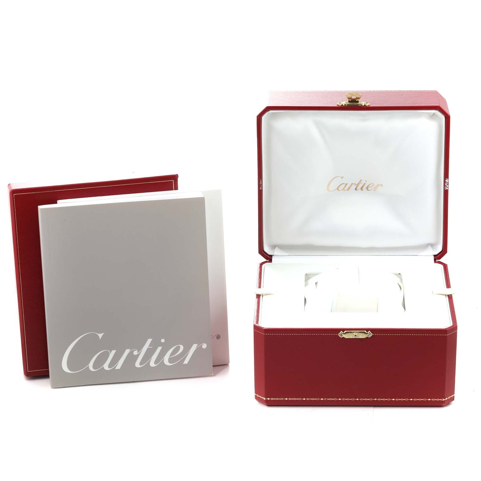 The image shows the packaging and accessories of a Cartier Roadster W62019X6 Men's Stainless Steel Silver Dial W62019X6 Men's Stainless Steel Silver Dial watch, including a red box and a booklet.