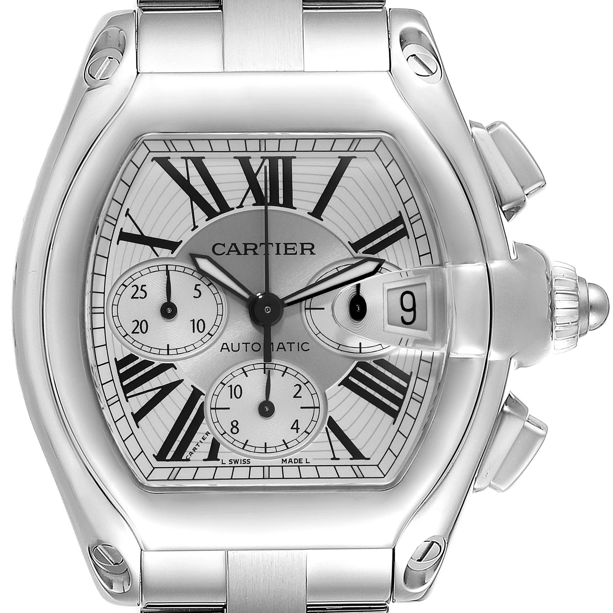 This image shows a close-up front angle of the Cartier Roadster W62019X6 Men's Stainless Steel Silver Dial W62019X6 Men's Stainless Steel Silver Dial watch, detailing its dials and date indicator.