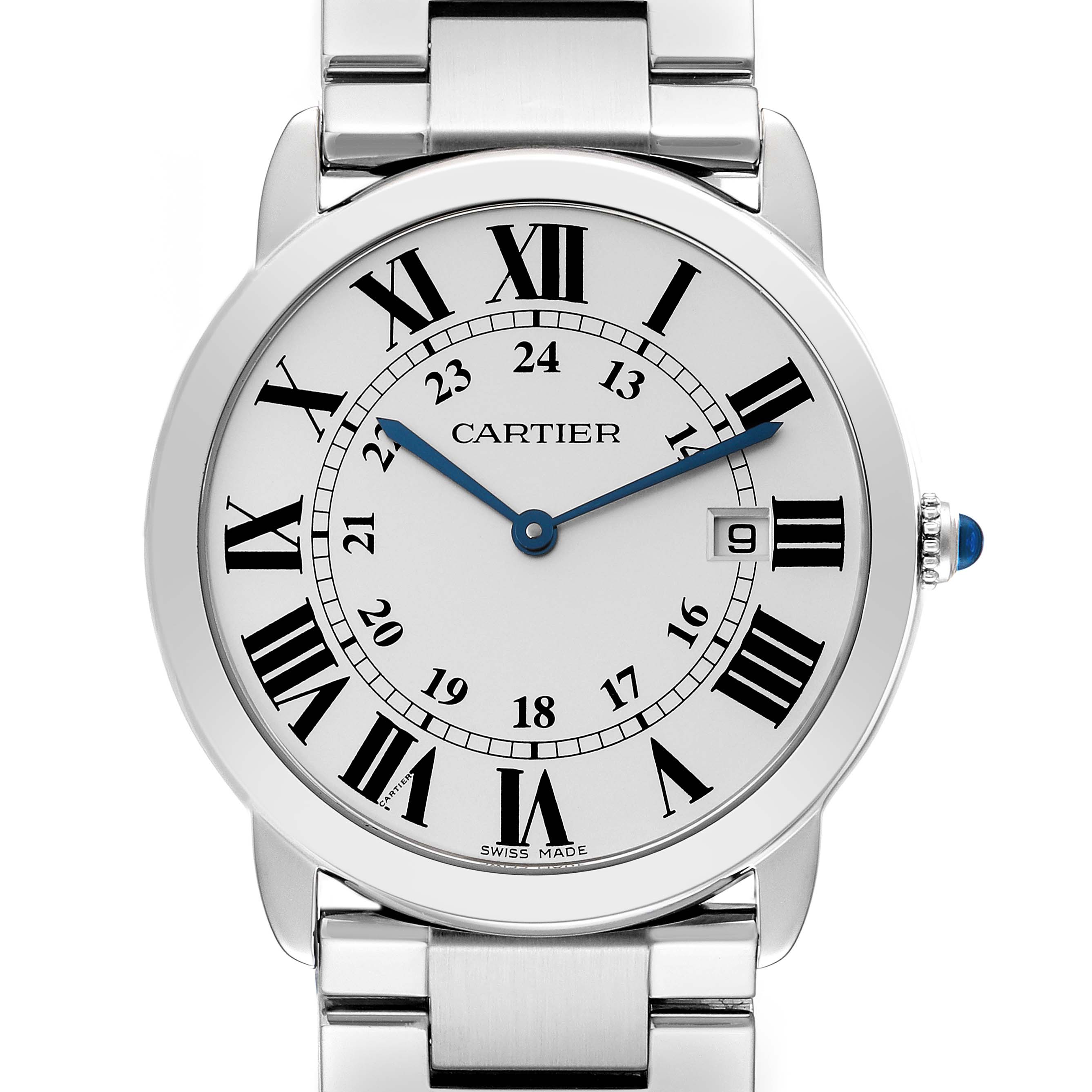 The image shows a front view of the Cartier Ronde W6701005 Men
s Stainless Steel Silver Dial W6701005 Men
s Stainless Steel Silver Dial watch, highlighting the face, hands, case, and part of the stainless steel bracelet.