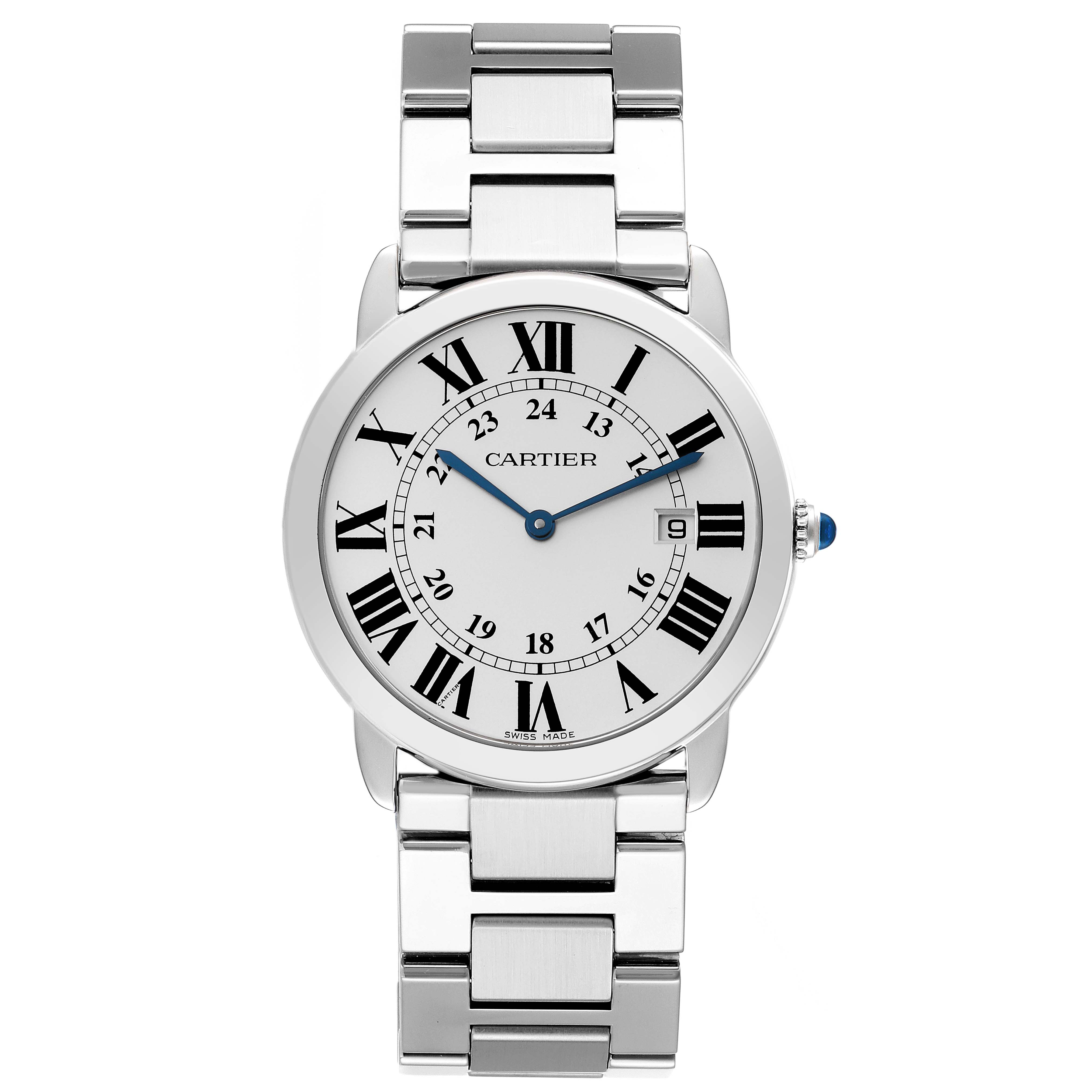 The image shows a front view of a Cartier Ronde W6701005 Men
s Stainless Steel Silver Dial W6701005 Men
s Stainless Steel Silver Dial model watch with a stainless steel bracelet and Roman numeral dial.