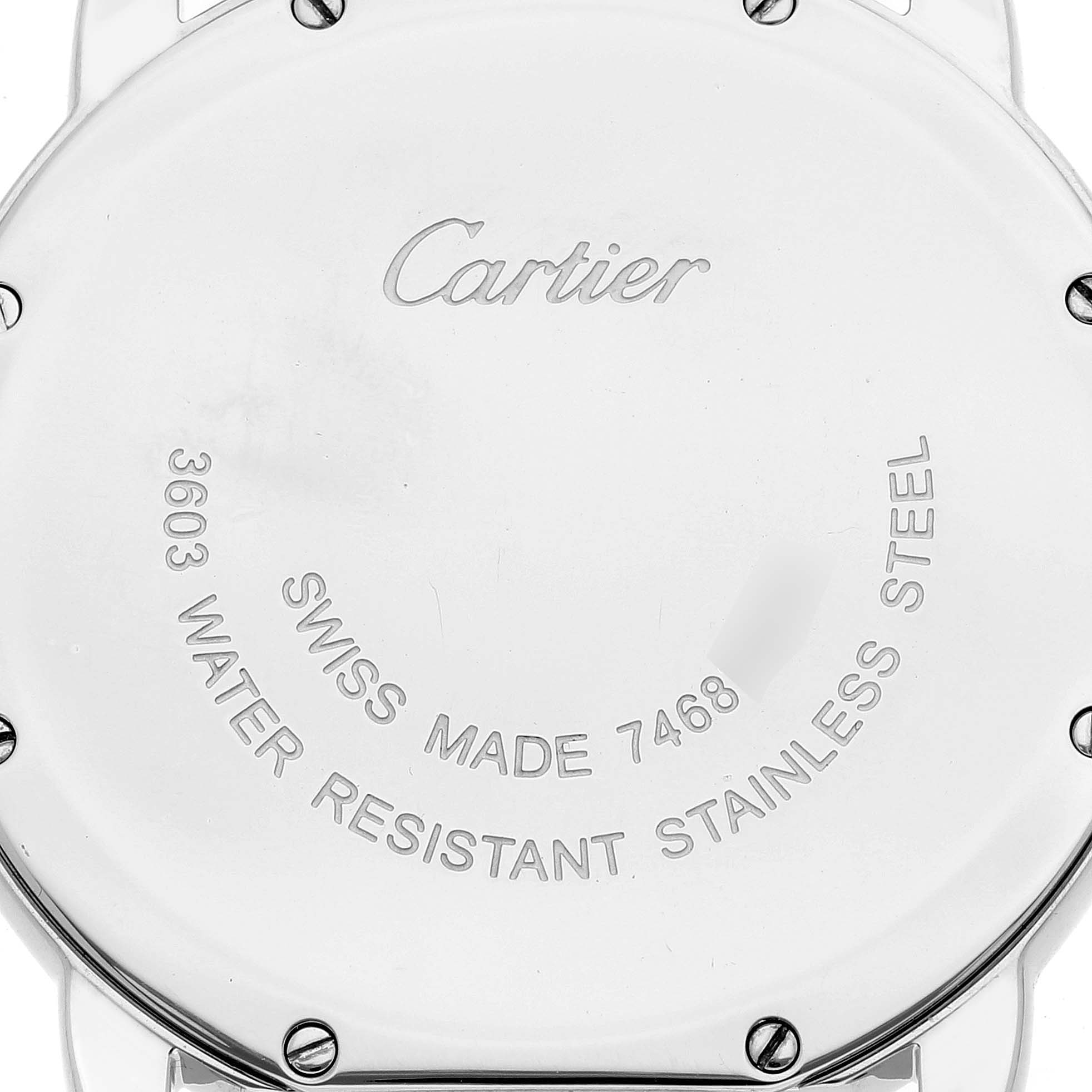 This image shows the back case of a Ronde model by Cartier, displaying the brand name, model number, and material details.