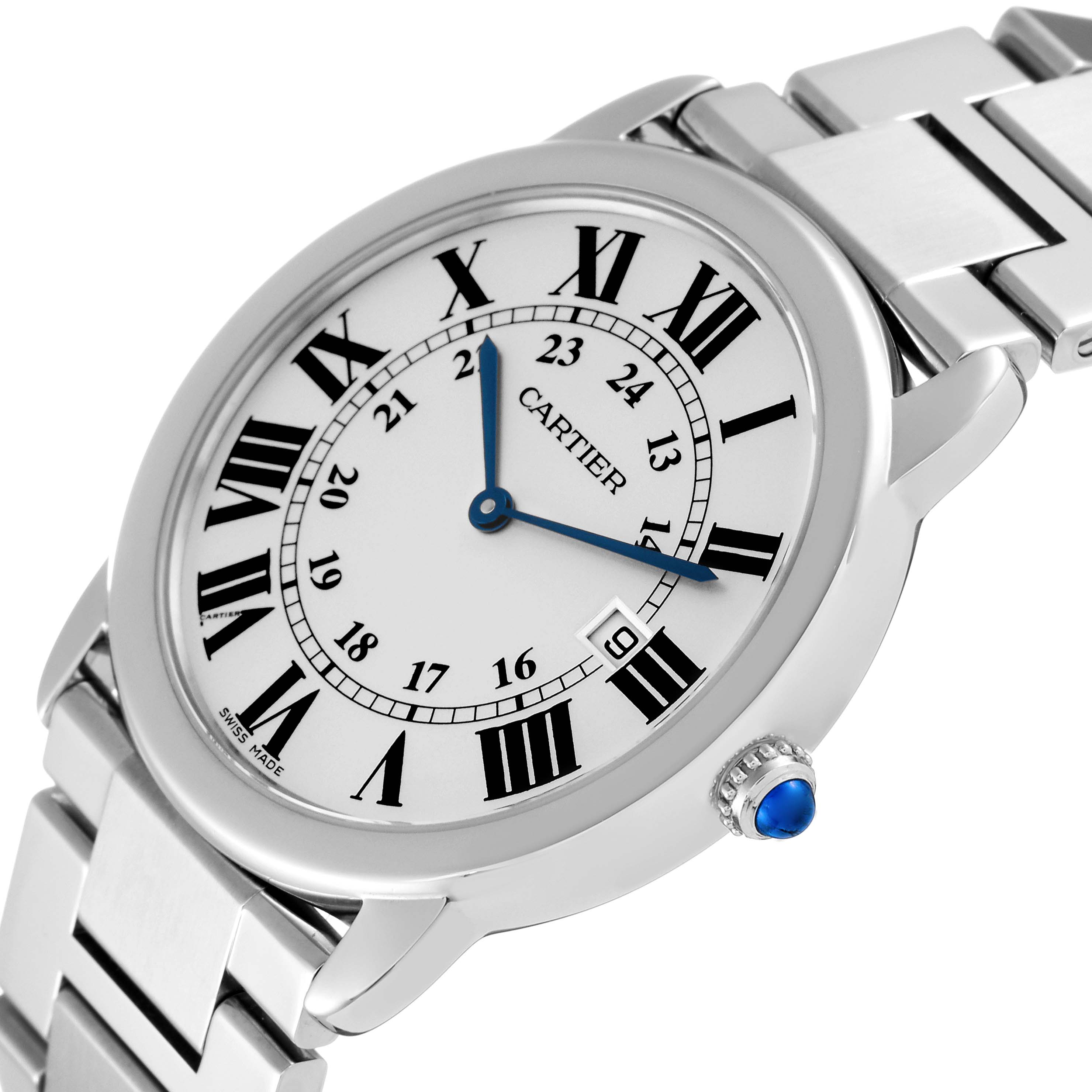 The image shows a close-up angled view of the Cartier Ronde W6701005 Men
s Stainless Steel Silver Dial W6701005 Men
s Stainless Steel Silver Dial watch displaying the face, bezel, crown, and part of the bracelet.