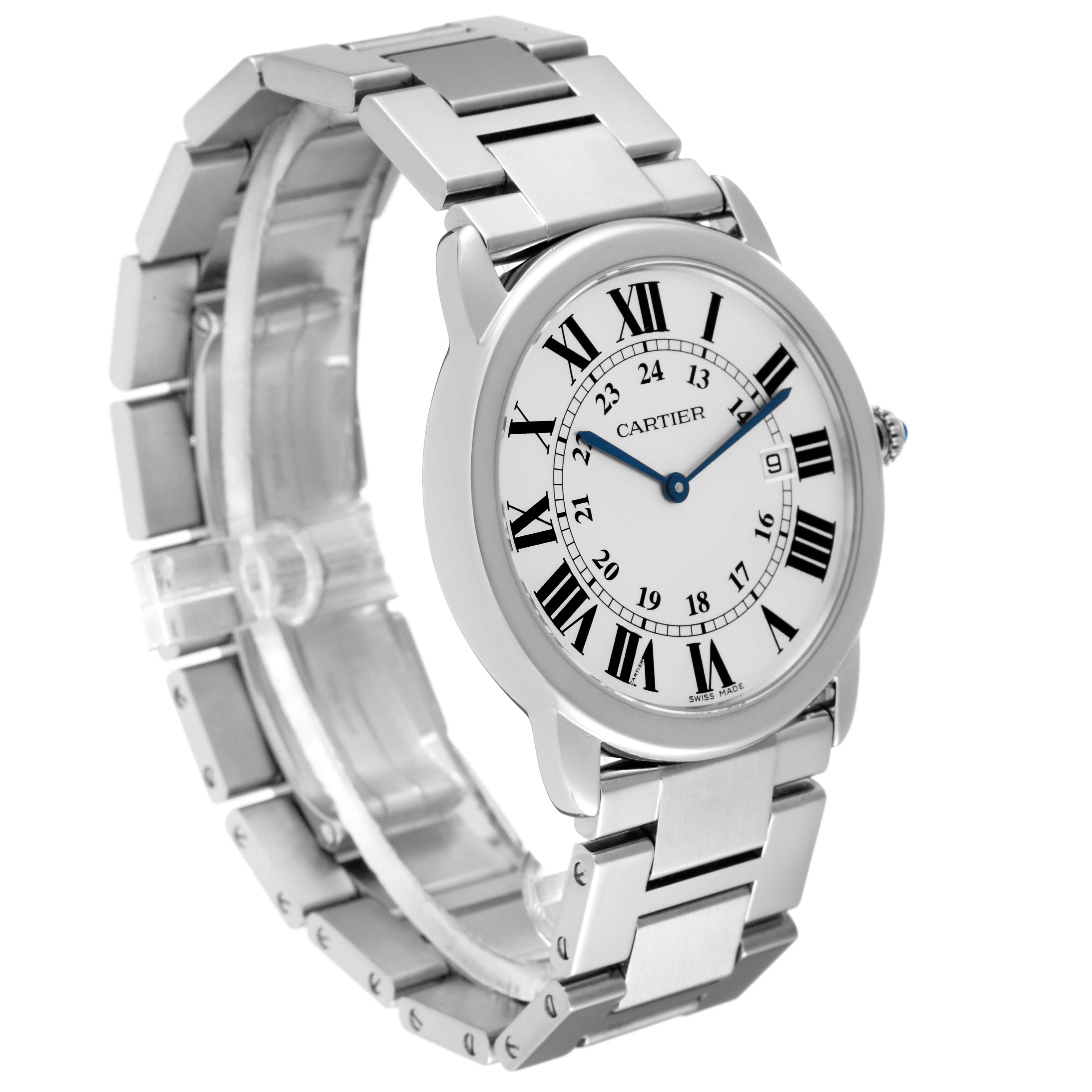 This image shows a Cartier Ronde W6701005 Men
s Stainless Steel Silver Dial W6701005 Men
s Stainless Steel Silver Dial model watch at an angled view displaying its face and metal bracelet.