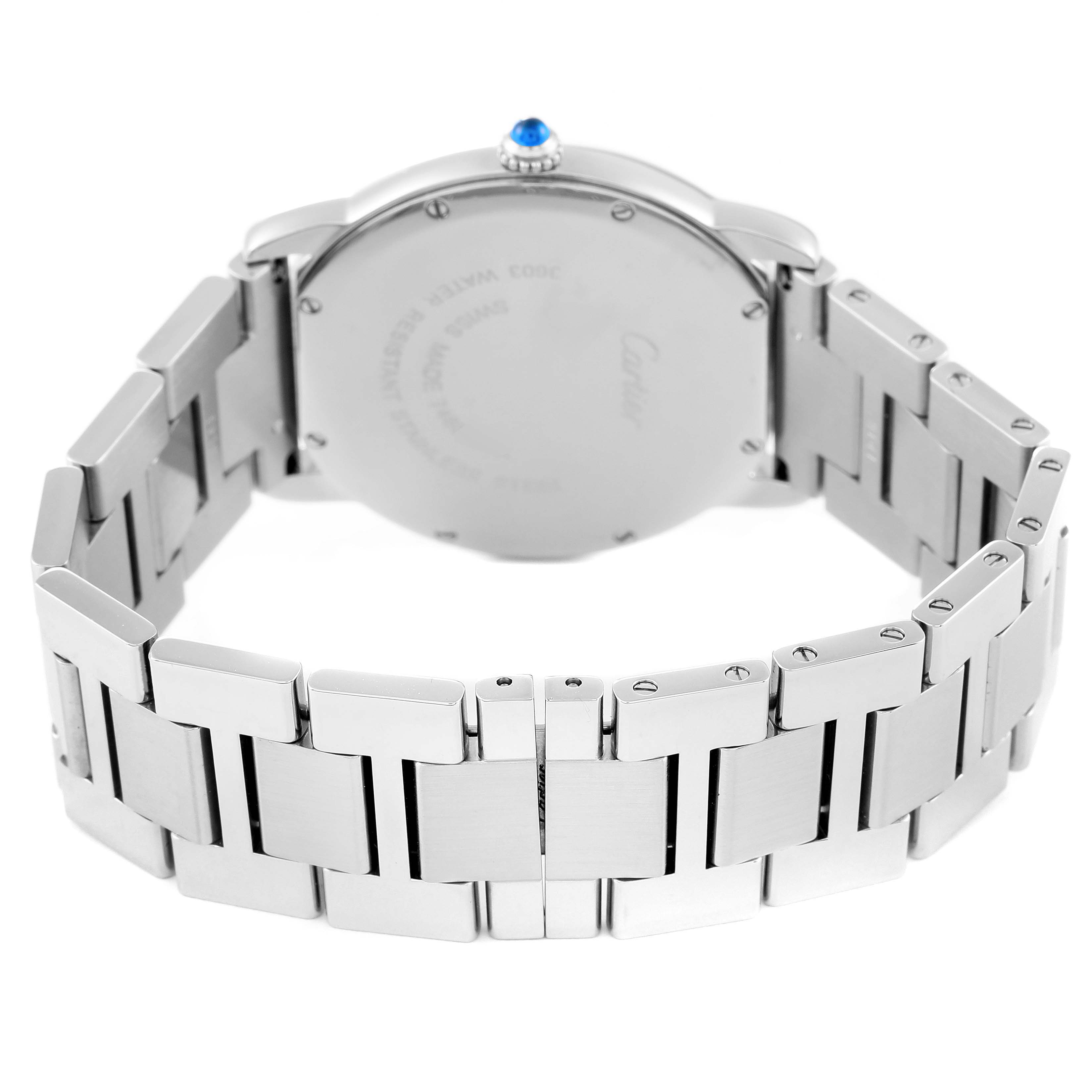 This image shows the back view of the Ronde model watch by Cartier, highlighting the case back and metal bracelet.