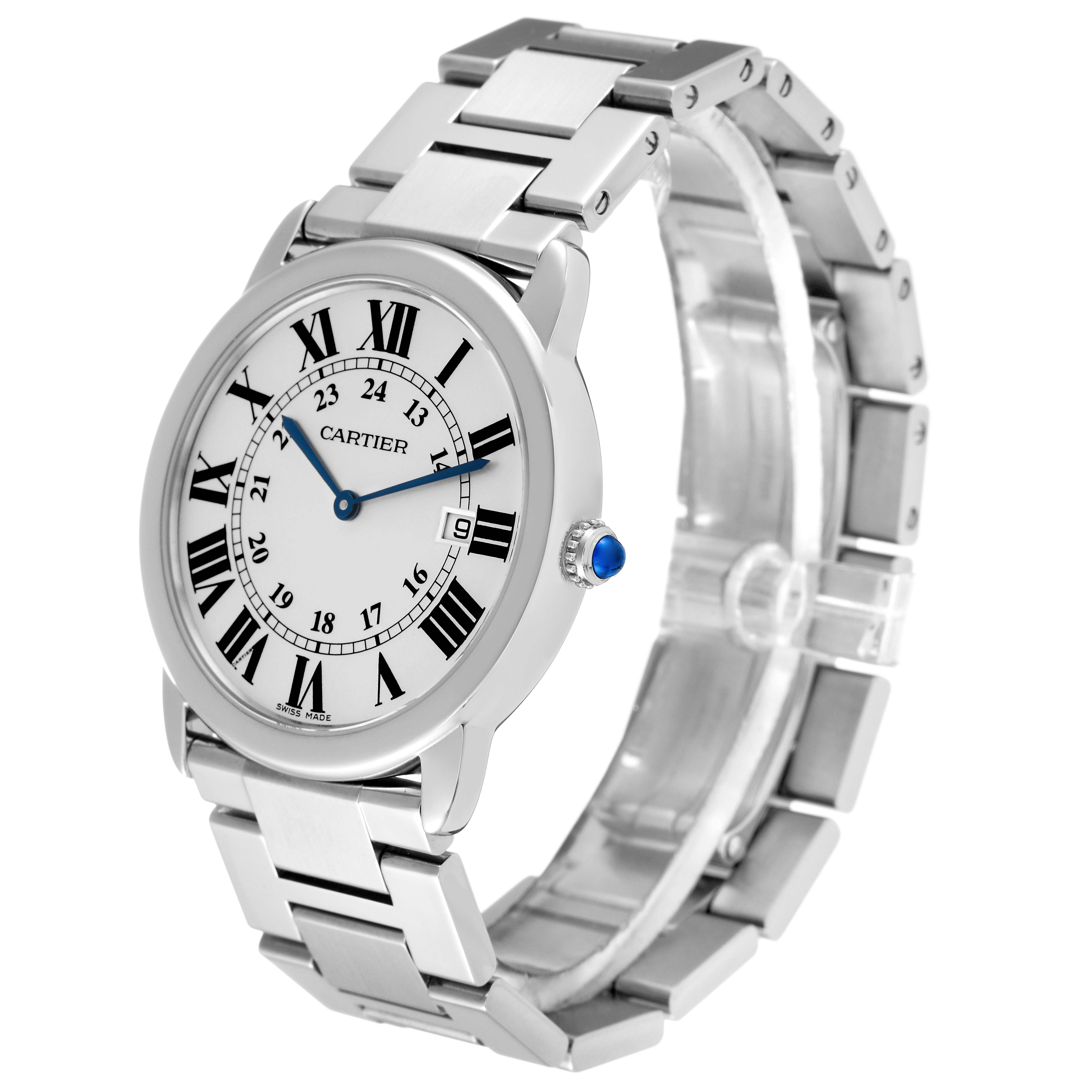 The image displays a Cartier Ronde W6701005 Men
s Stainless Steel Silver Dial W6701005 Men
s Stainless Steel Silver Dial model watch at an angle showing its face, bracelet, and crown.
