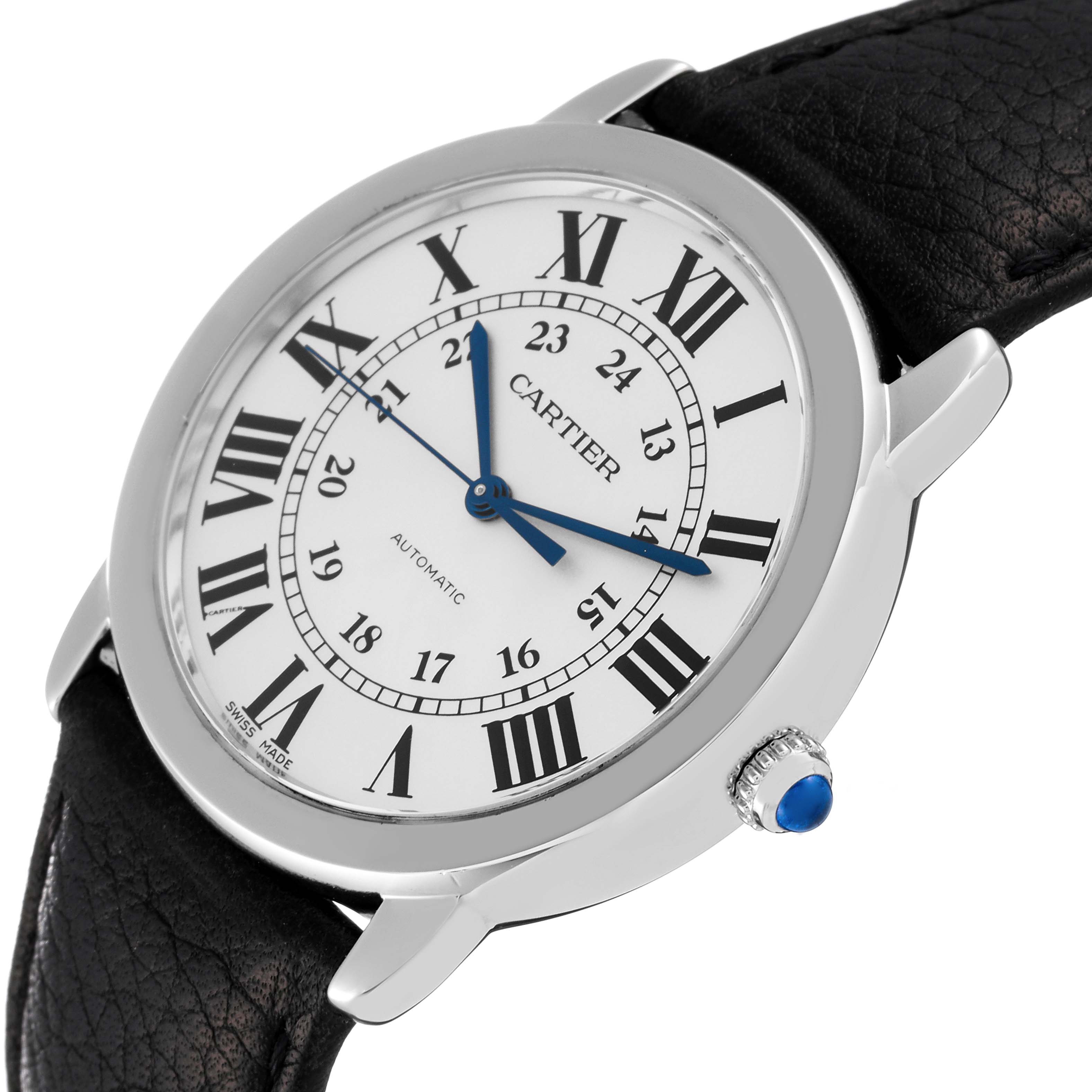 The image shows the face and part of the strap of the Cartier Ronde WSRN0021 Men
s Stainless Steel Silver Dial WSRN0021 Men
s Stainless Steel Silver Dial model watch at an angled view.