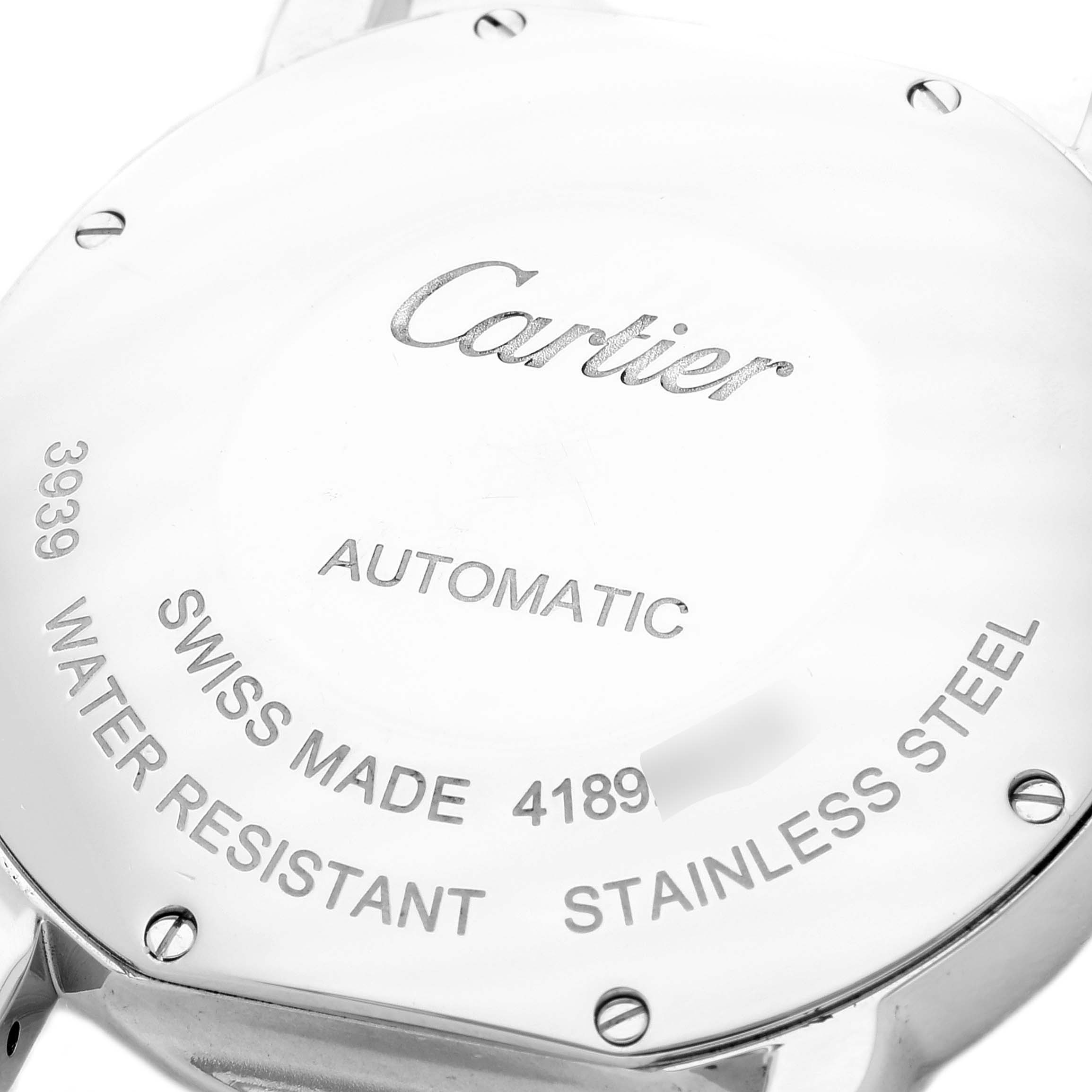 The image shows the back case of a Cartier Ronde WSRN0021 Men
s Stainless Steel Silver Dial WSRN0021 Men
s Stainless Steel Silver Dial model watch, highlighting "Cartier" branding and technical details.