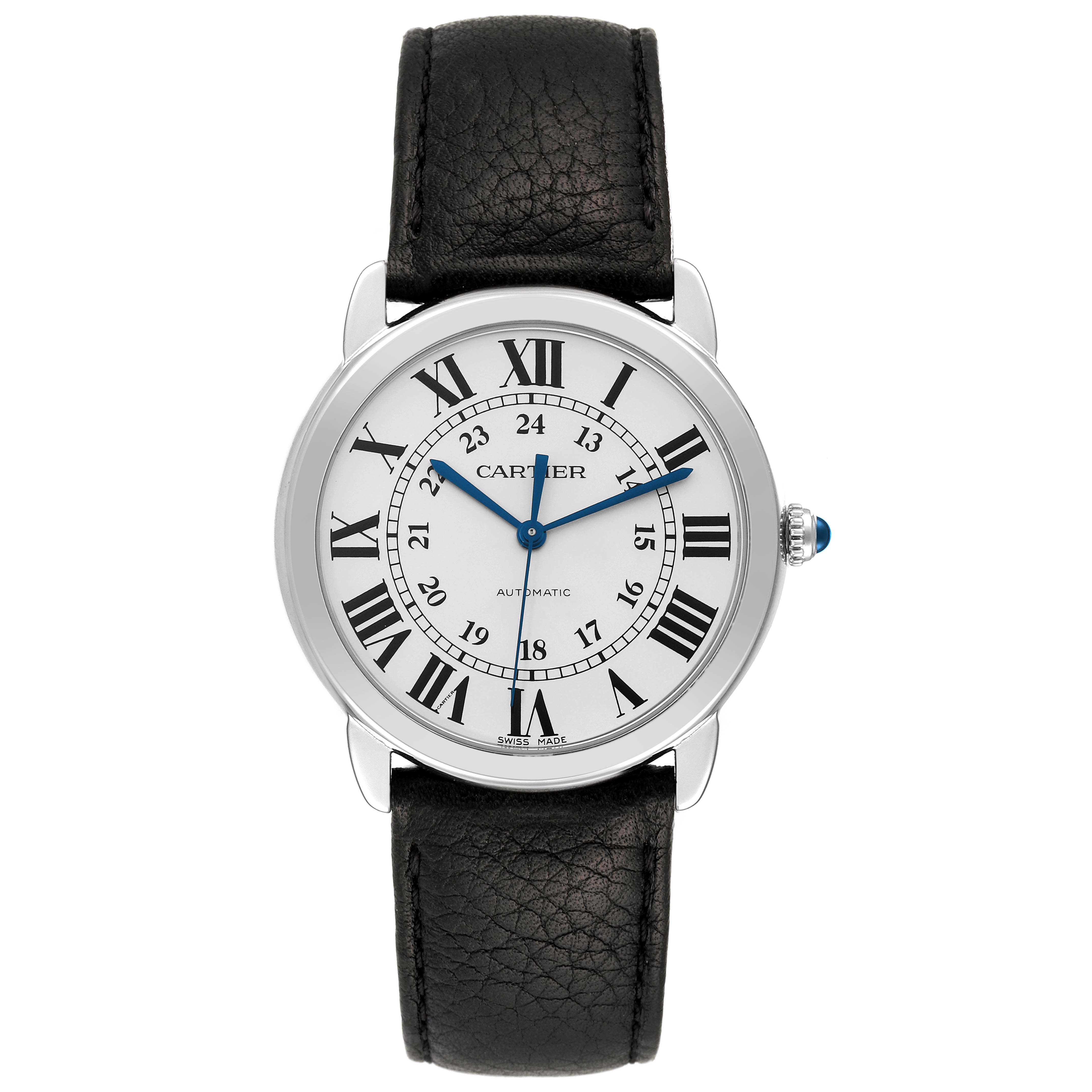 The image shows a front view of a Cartier Ronde WSRN0021 Men
s Stainless Steel Silver Dial WSRN0021 Men
s Stainless Steel Silver Dial model watch, featuring a white dial with Roman numerals and a black leather strap.