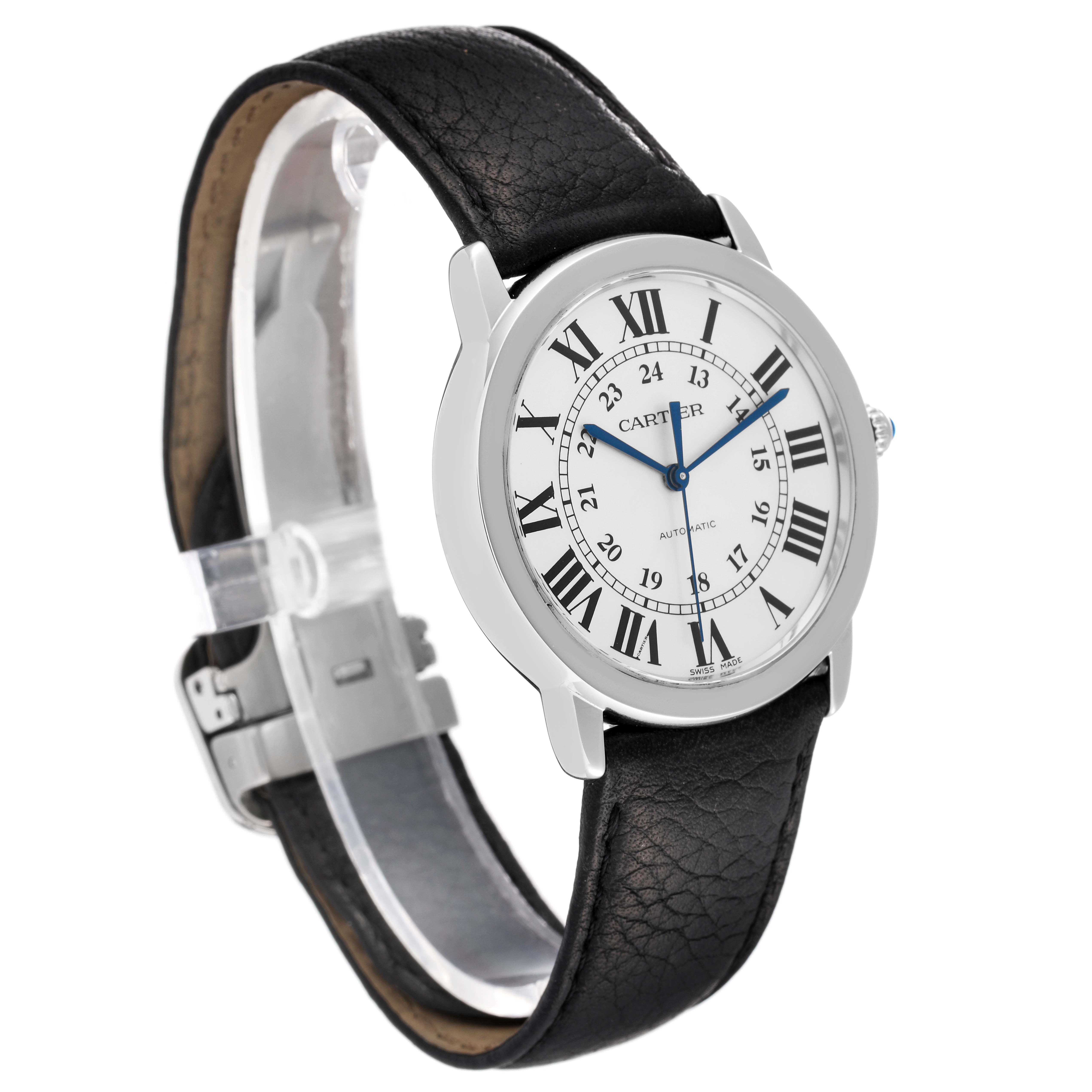 The image shows a Cartier Ronde WSRN0021 Men
s Stainless Steel Silver Dial WSRN0021 Men
s Stainless Steel Silver Dial model watch from a slight side angle, highlighting its face, bezel, and leather strap.