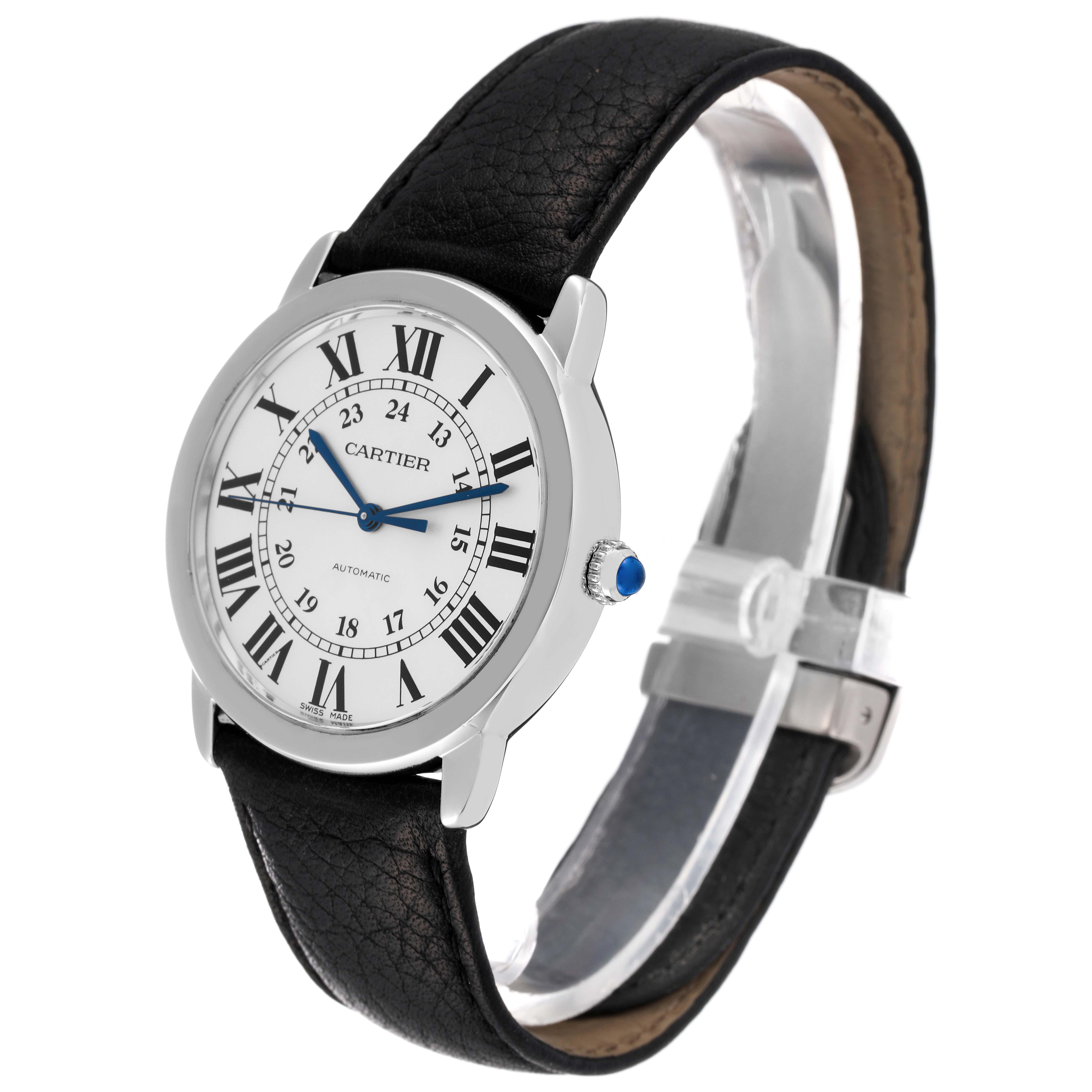 This image shows a Cartier Ronde WSRN0021 Men
s Stainless Steel Silver Dial WSRN0021 Men
s Stainless Steel Silver Dial model watch at a three-quarter angle, highlighting the face, bezel, crown, and leather strap.