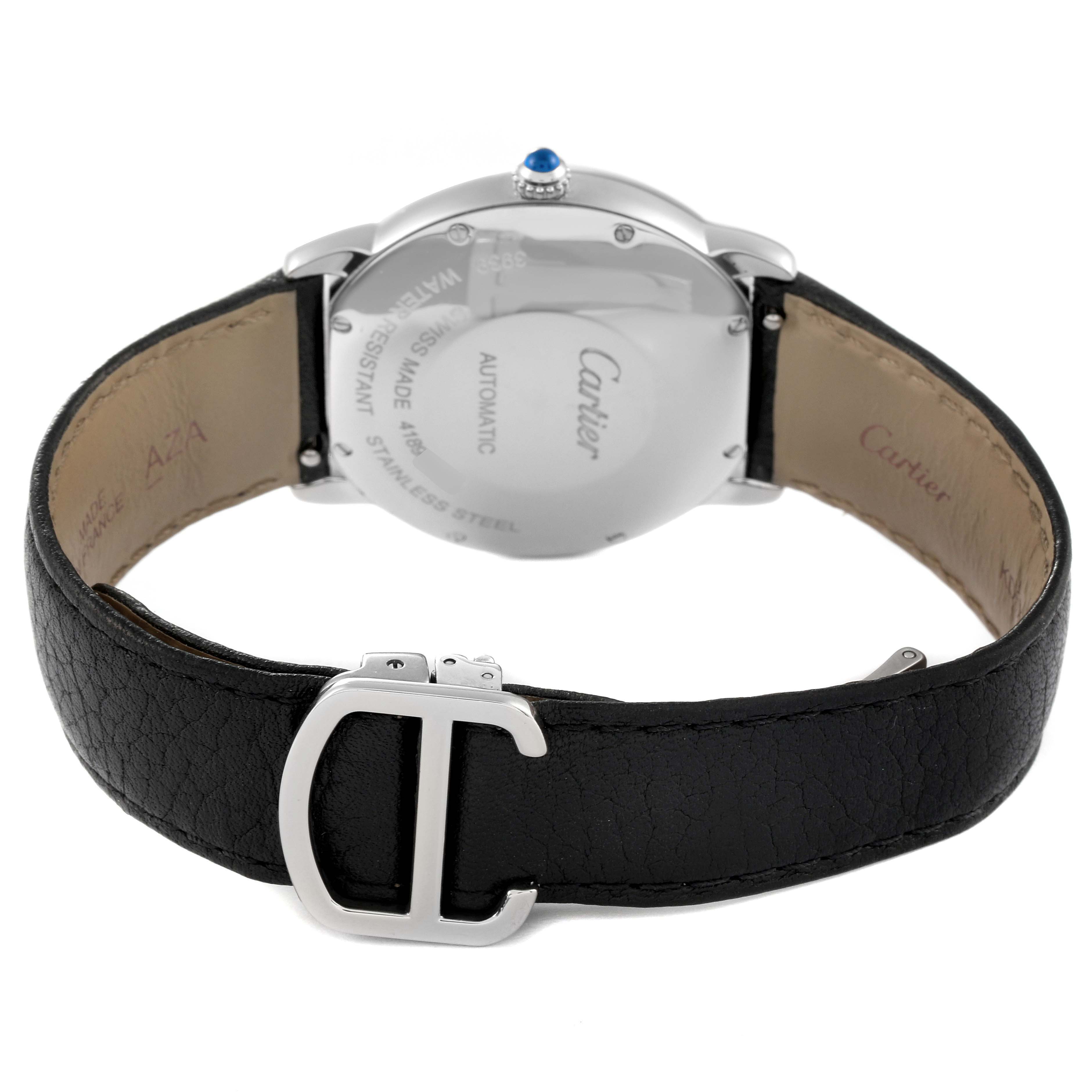 This image shows the back view of the Cartier Ronde WSRN0021 Men
s Stainless Steel Silver Dial WSRN0021 Men
s Stainless Steel Silver Dial model watch, highlighting its leather strap and clasp.
