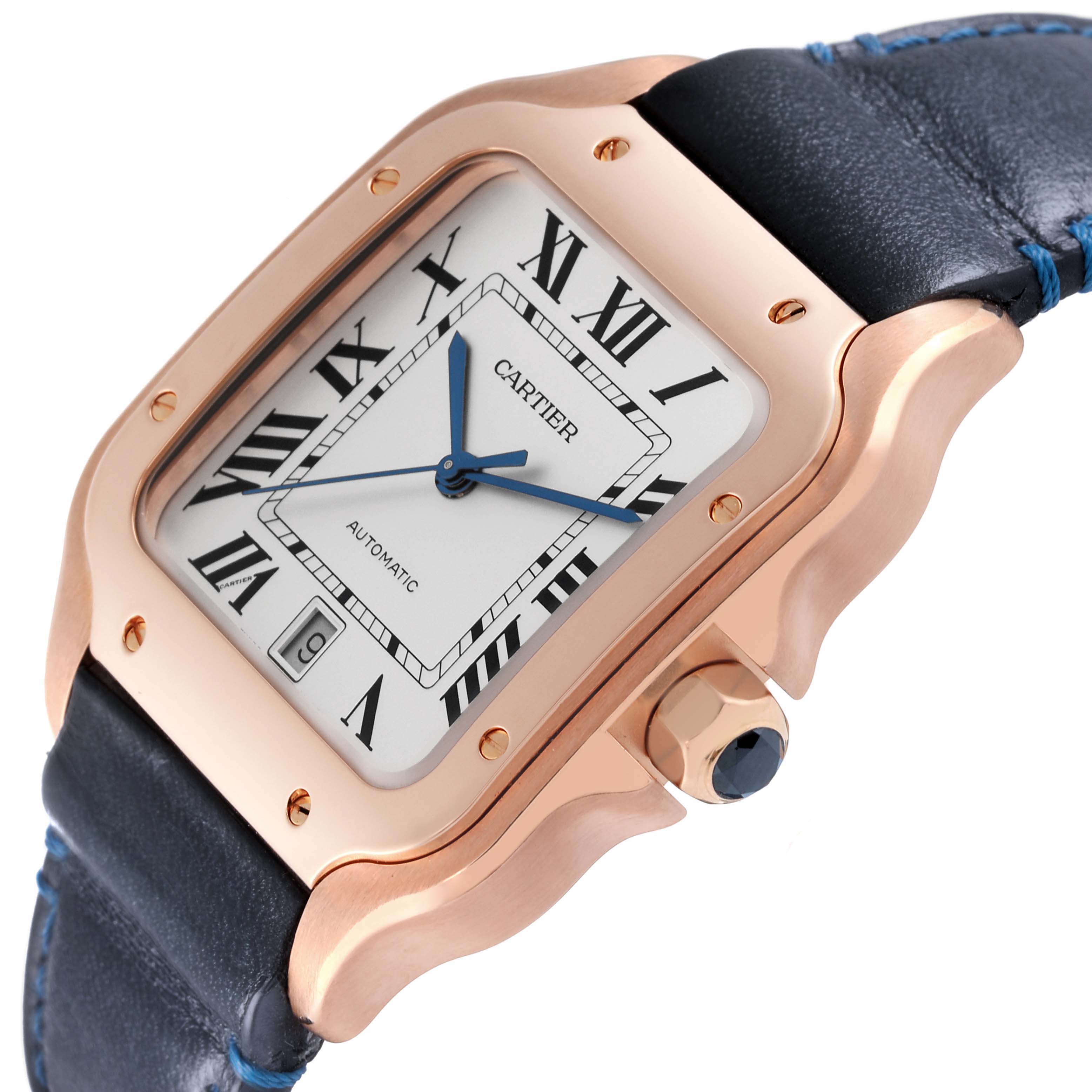 The Santos model by Cartier is shown from an oblique angle, highlighting the watch face, case, bezel, crown, and part of the leather strap.
