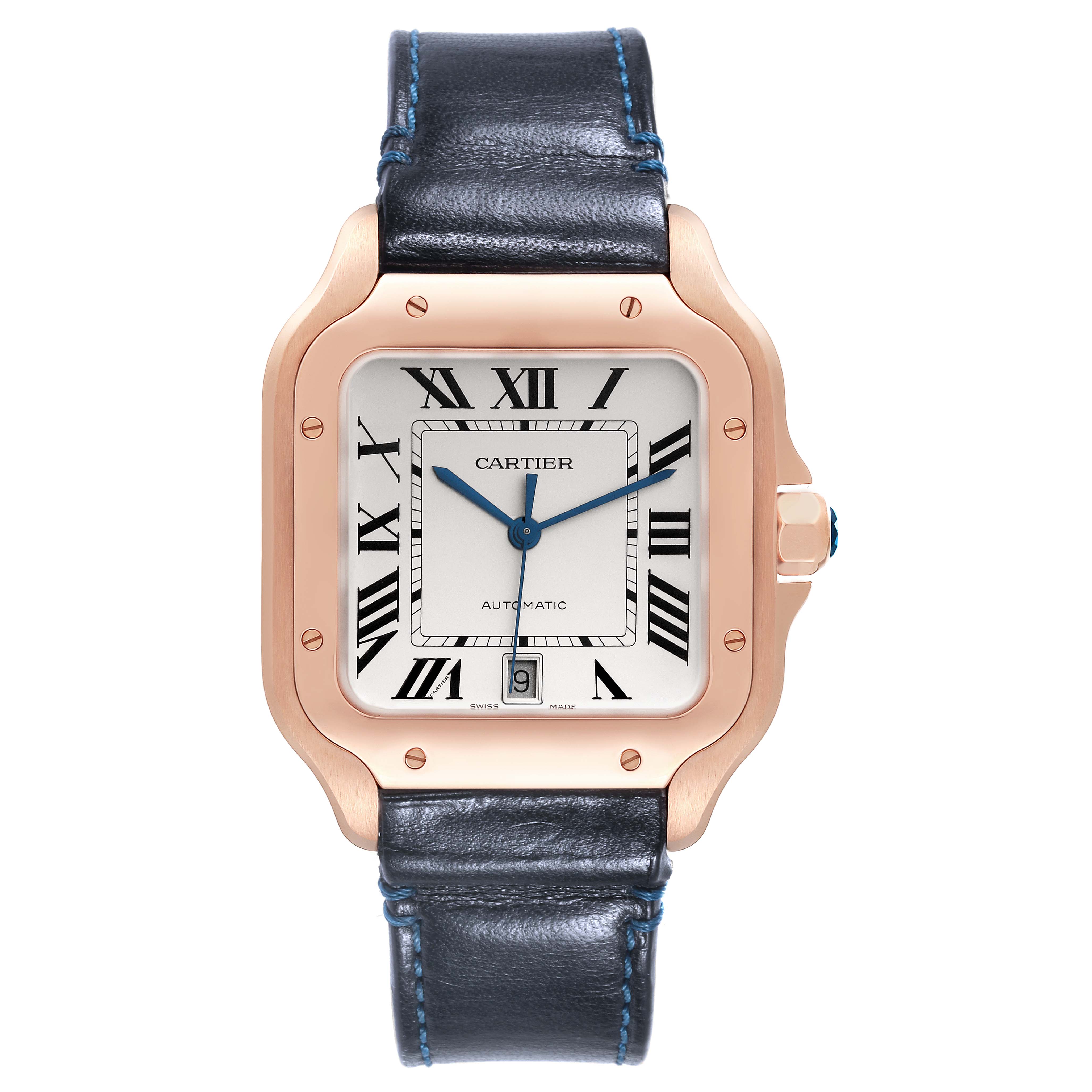 This is a front view of a Cartier Santos WGSA0011 Men's Rose Gold Silver Dial WGSA0011 Men's Rose Gold Silver Dial watch, showing the face, bezel, crown, and leather strap.