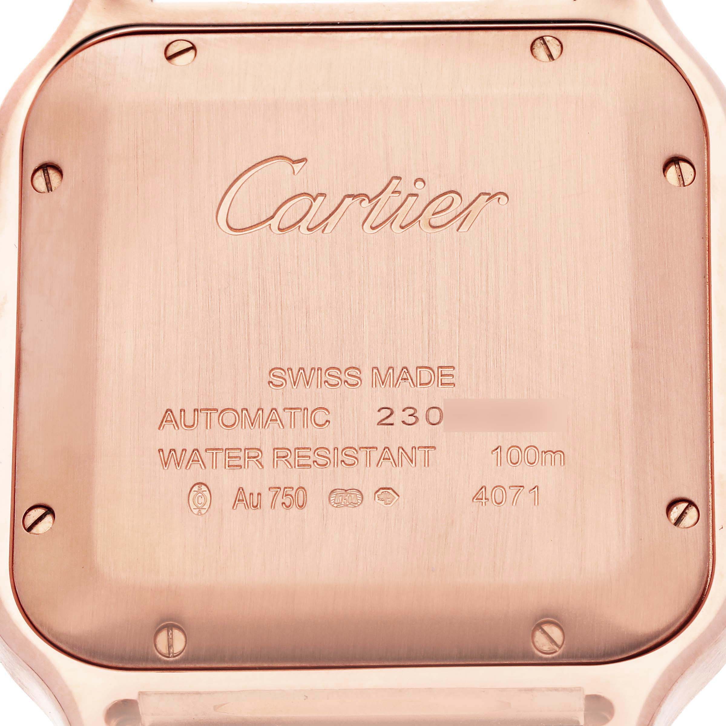 This is the back of a Cartier Santos WGSA0011 Men's Rose Gold Silver Dial WGSA0011 Men's Rose Gold Silver Dial watch, displaying the brand, model details, and specifications.