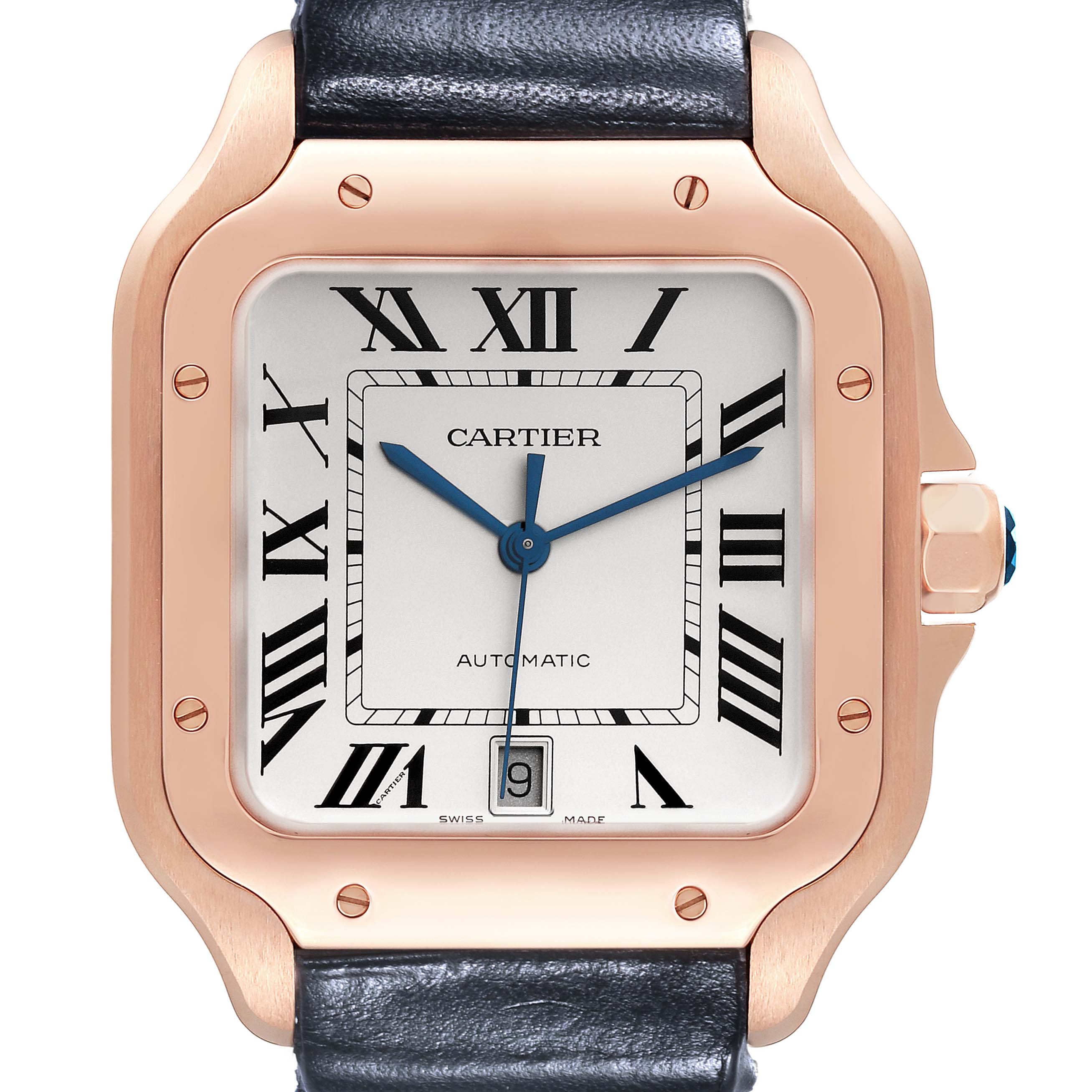 A close-up shot of the Cartier Santos WGSA0011 Men's Rose Gold Silver Dial WGSA0011 Men's Rose Gold Silver Dial watch showcasing its square dial, Roman numerals, and rose gold case.