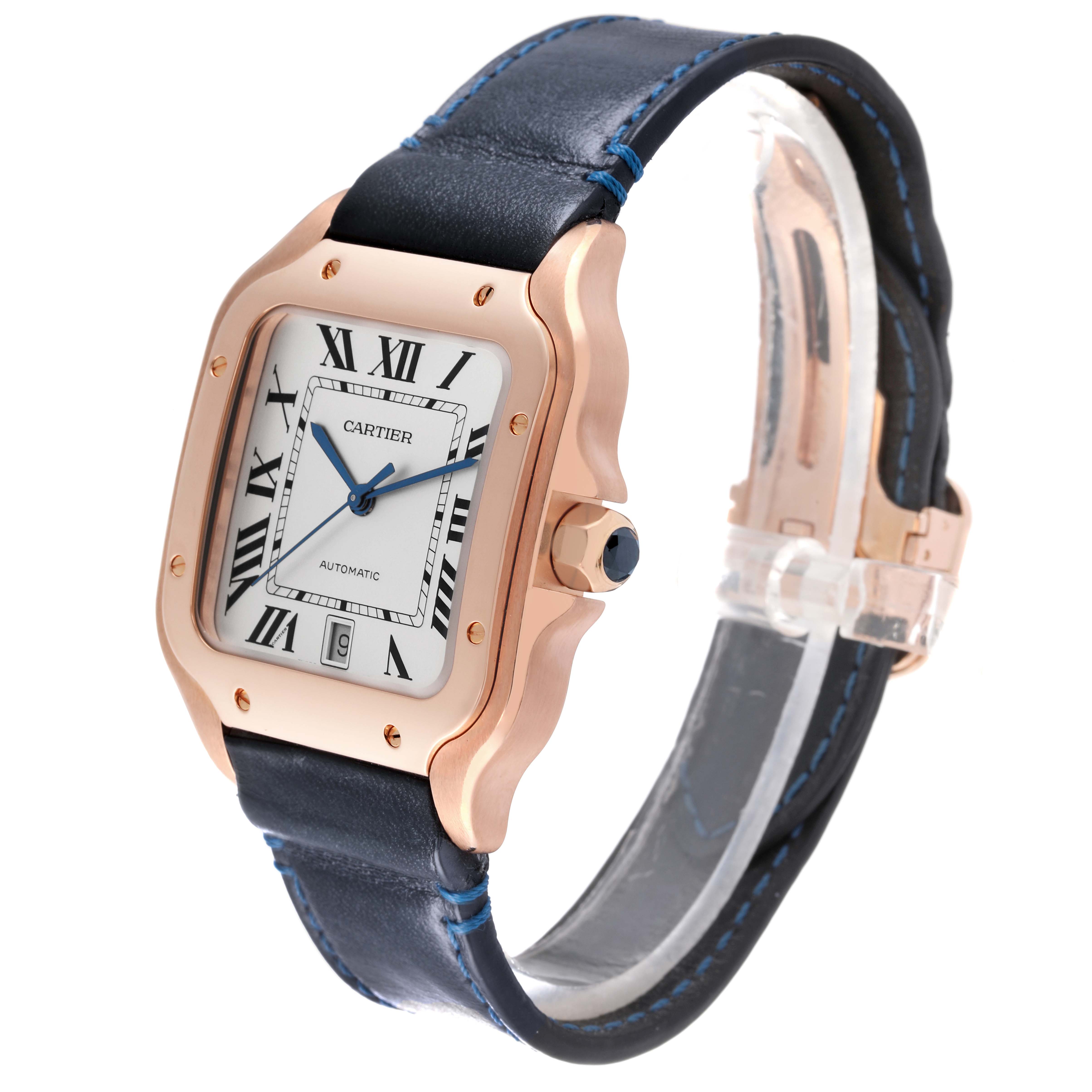 The Cartier Santos WGSA0011 Men's Rose Gold Silver Dial WGSA0011 Men's Rose Gold Silver Dial watch is shown at a three-quarter angle, displaying the case, dial, crown, and leather strap.