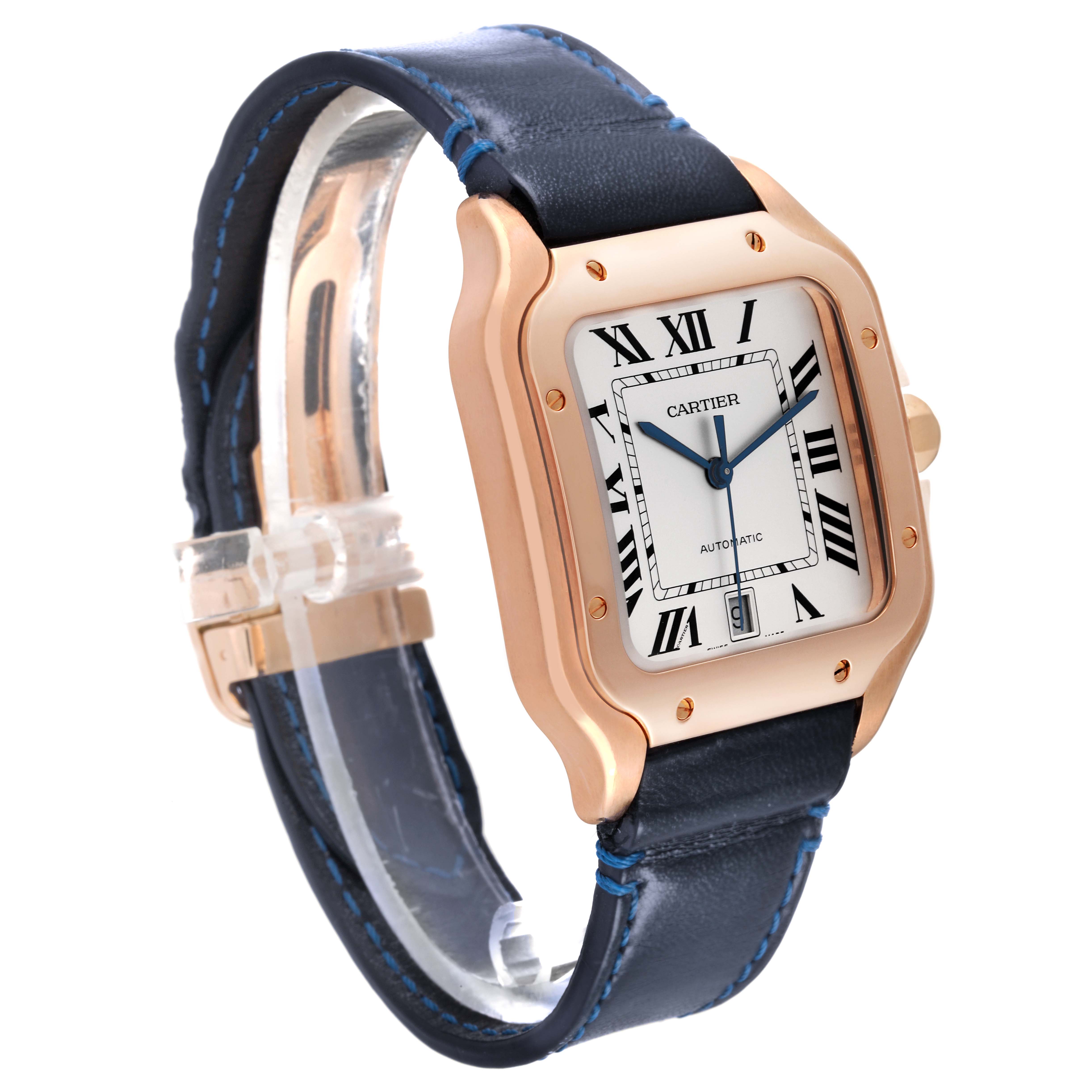 The Cartier Santos WGSA0011 Men's Rose Gold Silver Dial WGSA0011 Men's Rose Gold Silver Dial watch is shown from an angled side view, highlighting the square dial, gold case, and black leather strap.