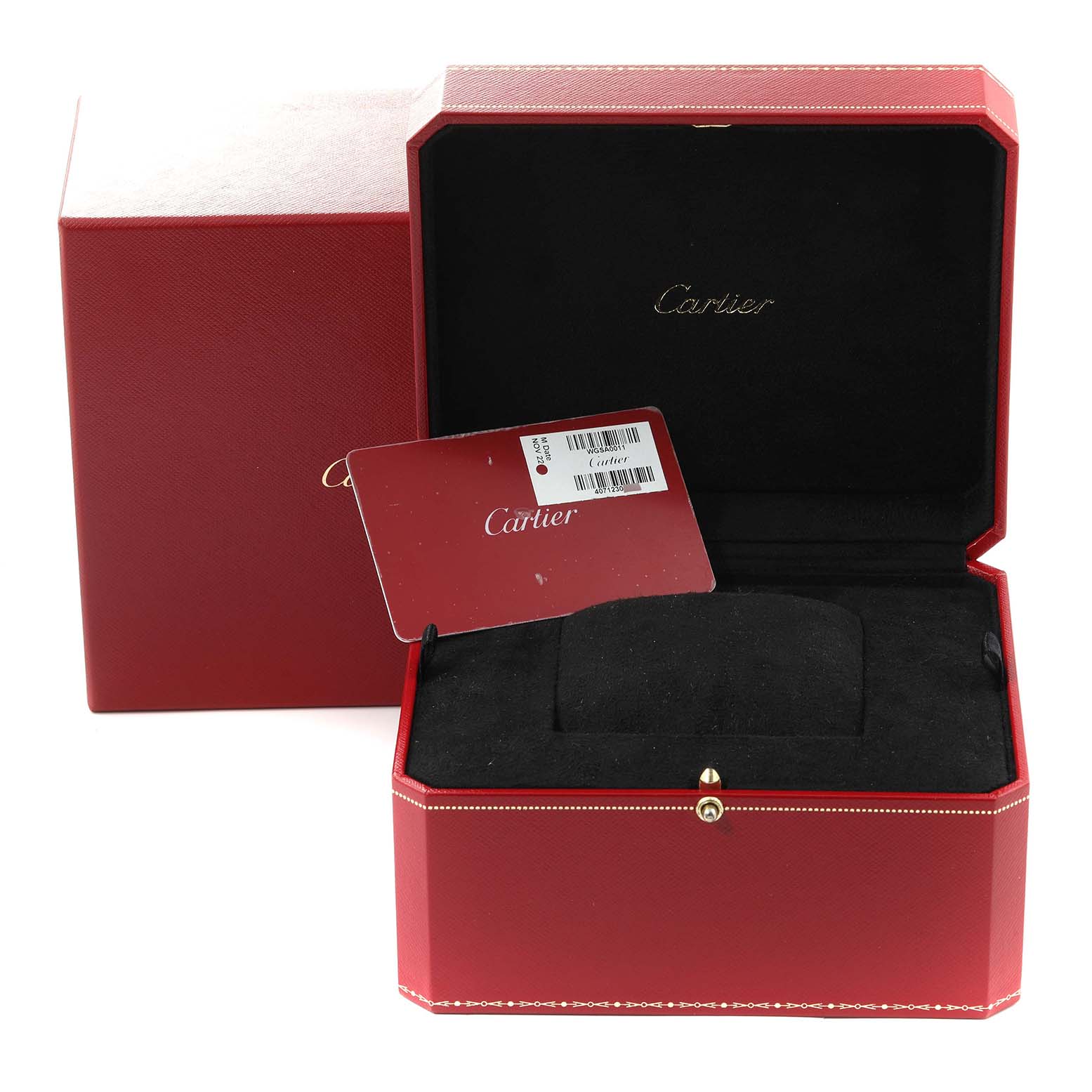 The image shows a Cartier Santos WGSA0011 Men's Rose Gold Silver Dial WGSA0011 Men's Rose Gold Silver Dial watch box, open at an angle, with a storage cushion and authenticity card visible.