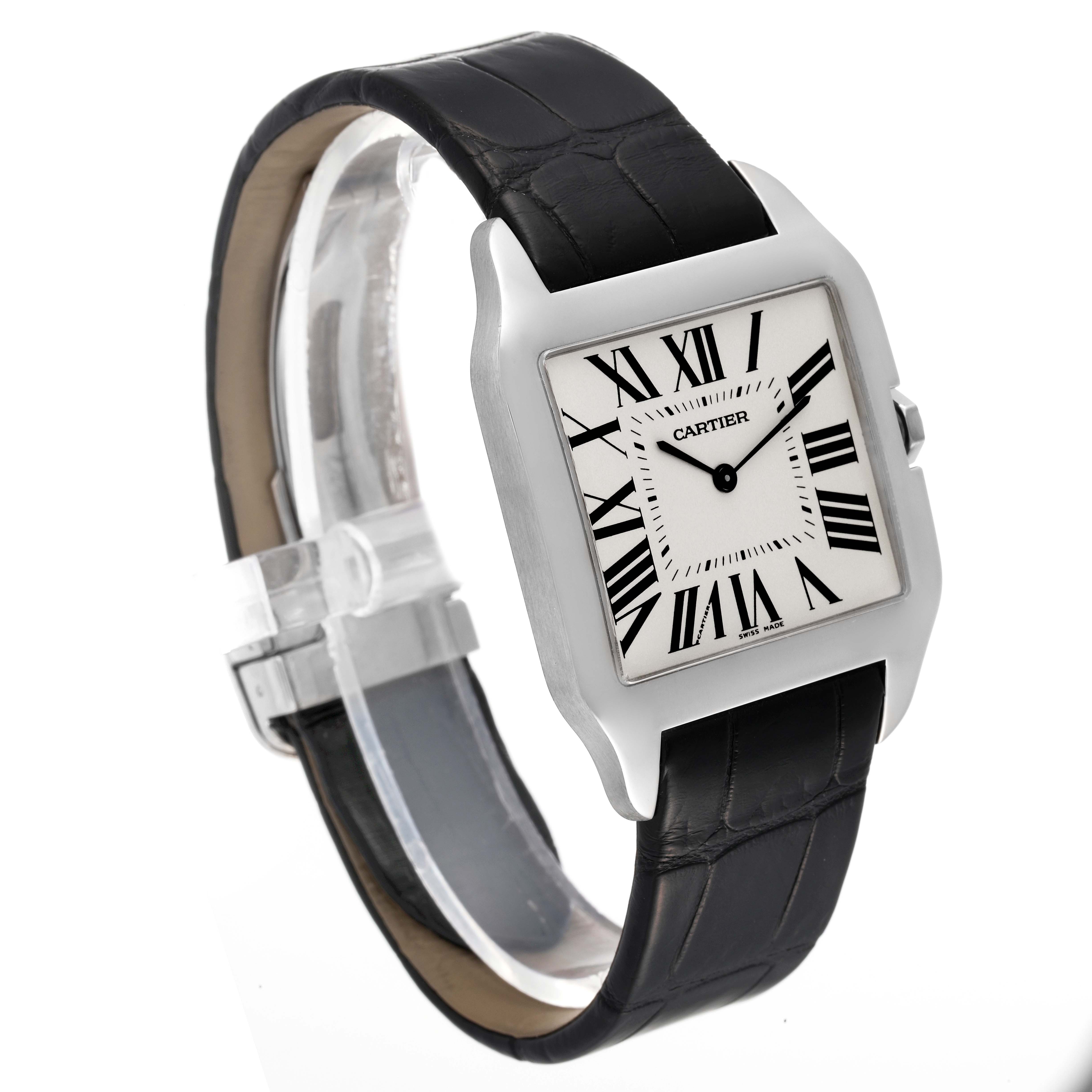 The image shows a Cartier Santos Dumont W2007051 Men's White Gold Silver Dial W2007051 Men's White Gold Silver Dial watch at a three-quarter angle, highlighting the face, case, and black leather strap.