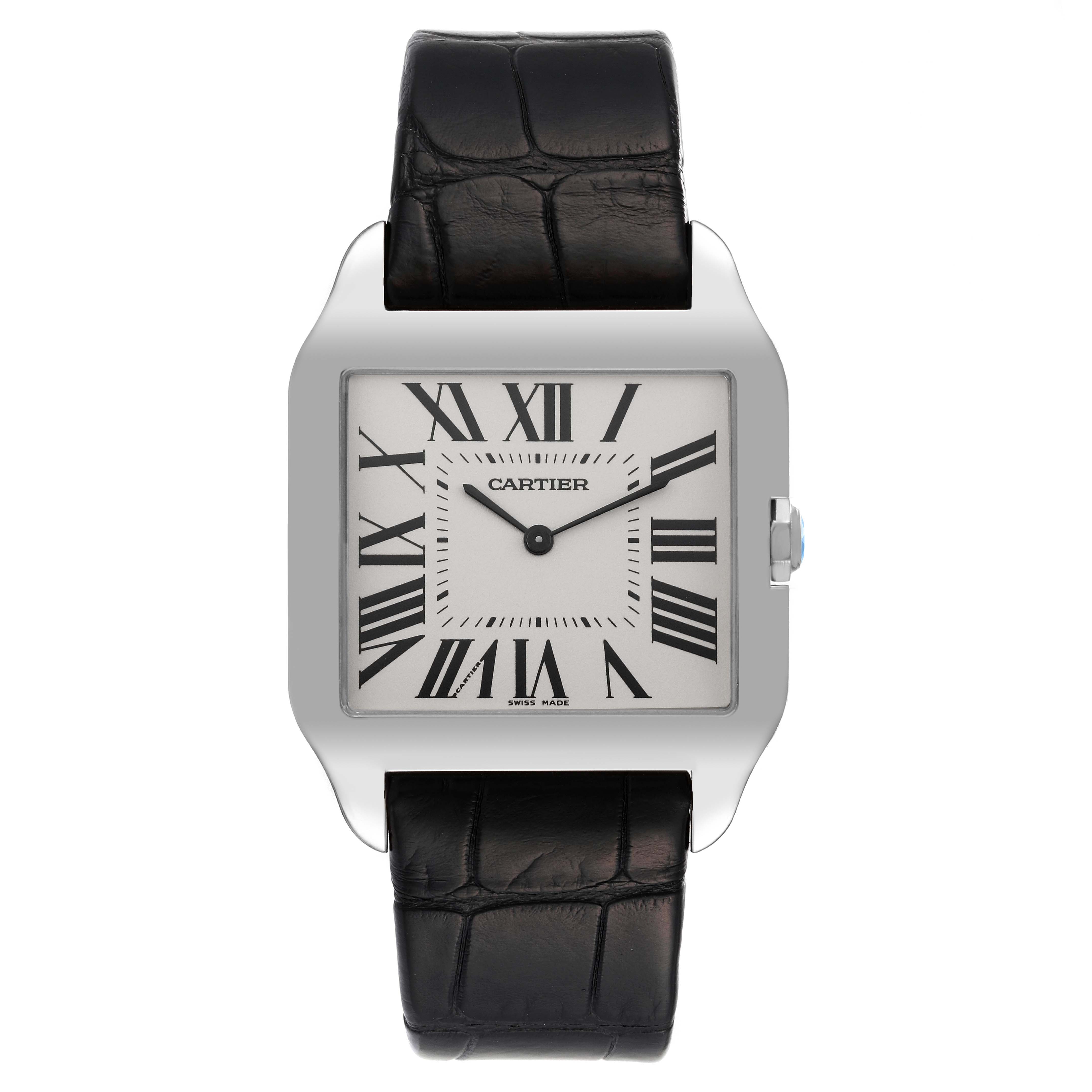 This image shows a front view of the Cartier Santos Dumont W2007051 Men's White Gold Silver Dial W2007051 Men's White Gold Silver Dial watch with a black leather strap and Roman numeral dial.